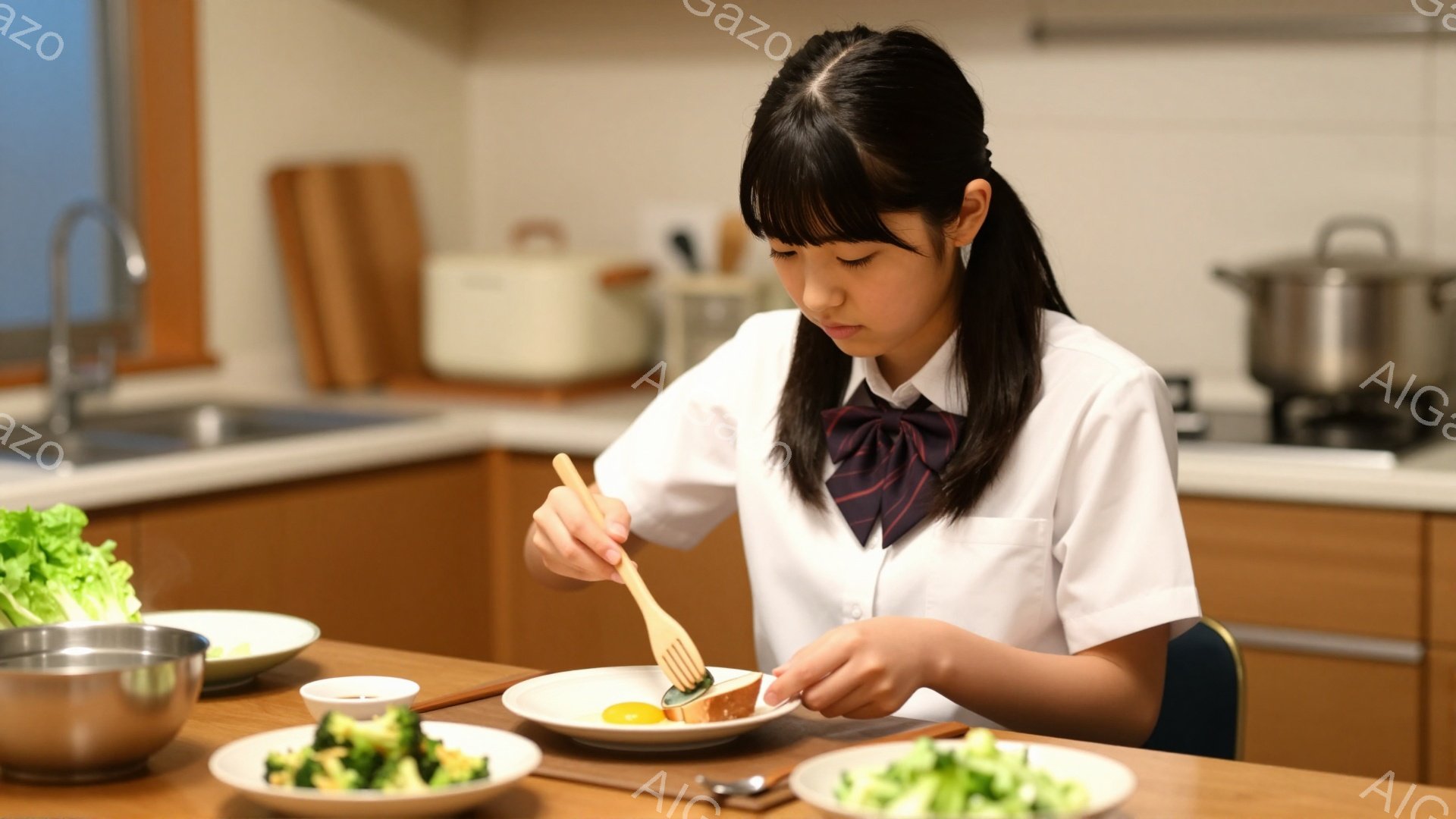 制服を着た若い女性がキッチンで食事の準備をしています。彼女は茶色の長い髪を後ろで結び、前髪を短くカットしています。集中した表情でフォークを使って、皿の上の何かを食べている様子です。