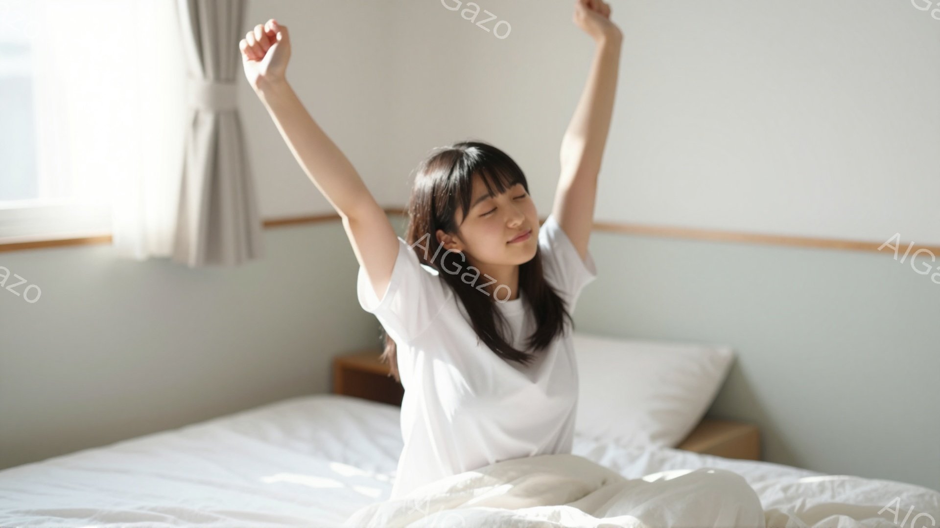 明るい部屋の中で、若い女性がベッドに座り、両手を上げて伸びをしています。彼女は白いTシャツを着ており、前髪が目にかかるダークブラウンの髪をしています。背景にはシンプルな木製のベッドフレームとカーテンが見え、朝の穏やかな光が差し込んでおり、リラックスした雰囲気を醸し出しています。