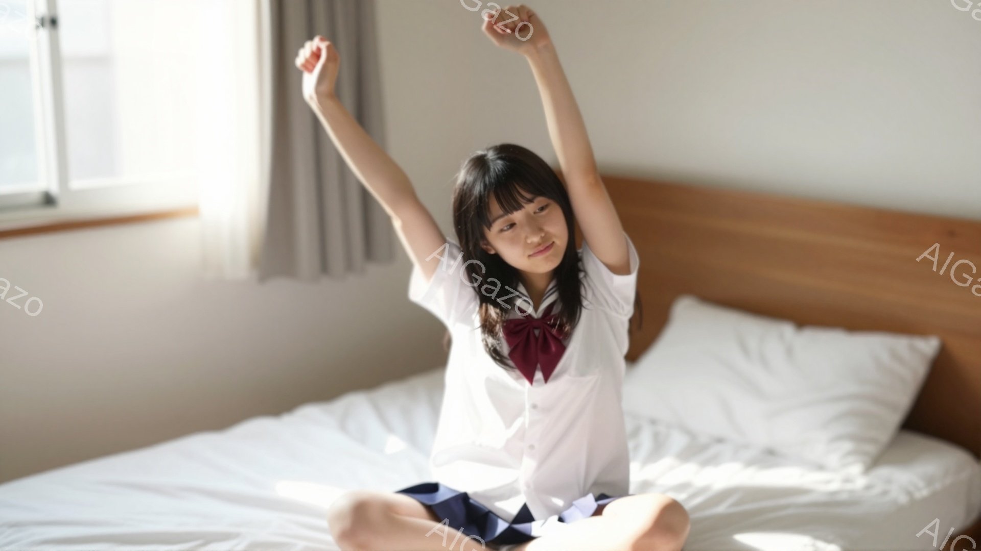 明るい部屋で、セーラー服を着た若い女性がベッドに座って伸びをしています。彼女は短い黒髪で、少し微笑んでいます。背景には白い壁とカーテン、そしてシンプルなベッドリネンが見え、穏やかでリラックスした雰囲気が漂っています。
