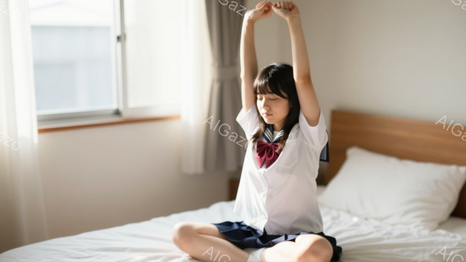 制服を着た若い女性がベッドに座り、両手を上げてストレッチをしている。彼女は黒髪で、前髪が目にかかり、リラックスした表情をしている。背景には窓と白い壁があり、部屋全体が明るく清潔な雰囲気を醸し出している。