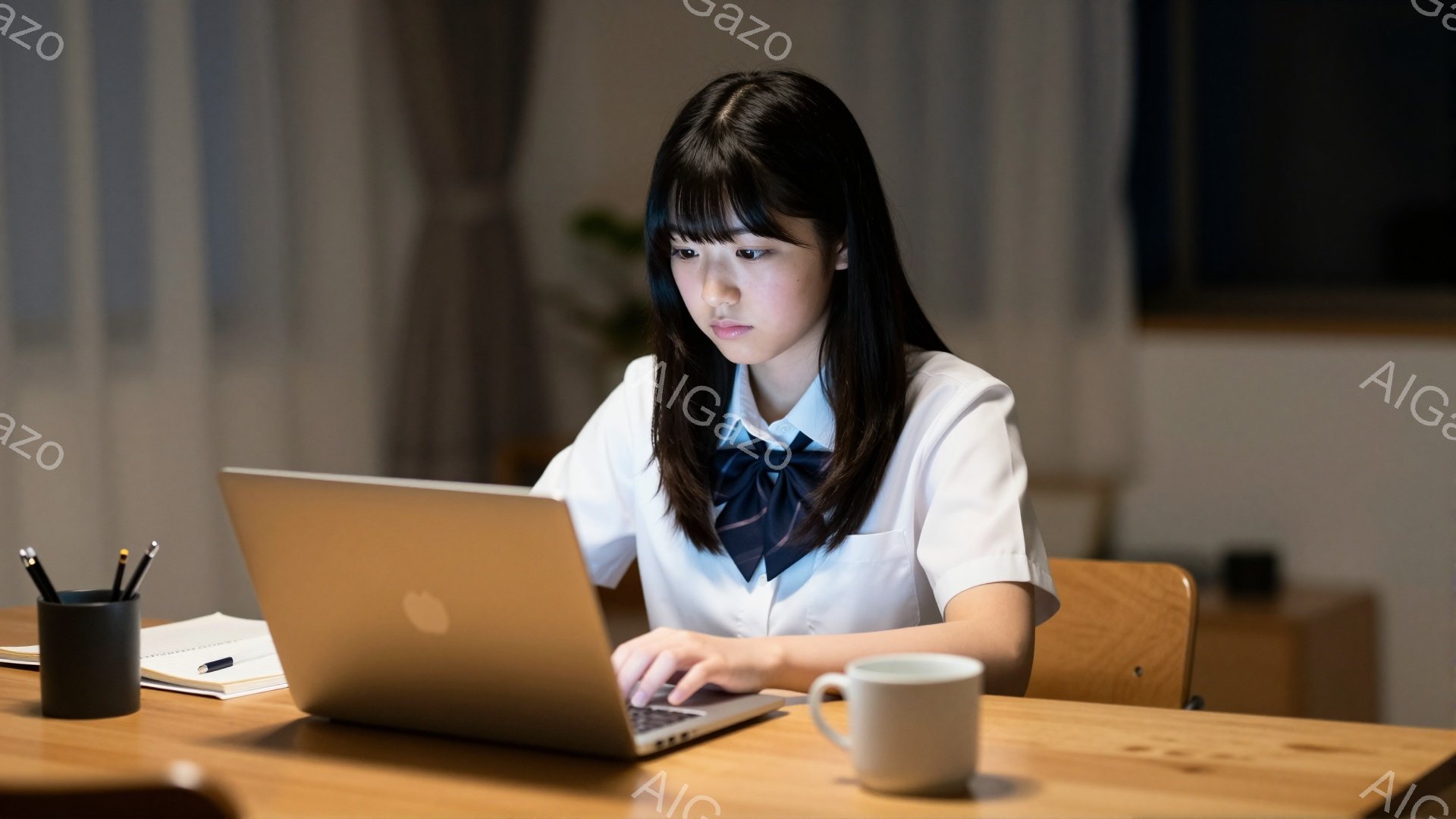 少女は木製の机に向かい、ノートパソコンを操作している。紺色のリボンが特徴的な白い制服を着ており、黒髪を肩まで伸ばしたヘアスタイルで、やや真剣な表情をしている。背景には木製の椅子と棚が見え、落ち着いた雰囲気の部屋で勉強や作業に集中している様子が伺える。