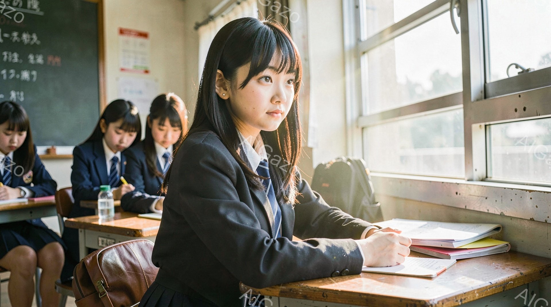 制服を着た女子学生が教室で前を見つめ、何かを考えている様子がうかがえます。彼女は黒髪のショートボブで、少し憂いを含んだ表情をしています。窓から差し込む光が教室を照らし、背景には緑豊かな風景が広がっており、穏やかで思慮深い雰囲気が漂っています。