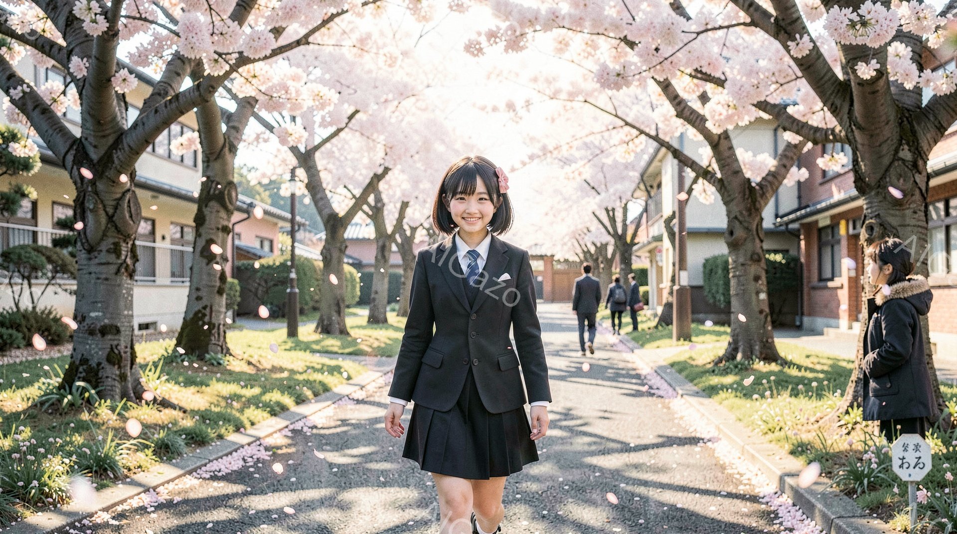 制服を着た女子高生が、桜並木が続く道でカメラに向かって微笑んでいる。彼女は黒いブレザーにスカート、白いシャツ、赤いリボンをつけ、明るい表情で少し前かがみの姿勢をとっている。背景には住宅や桜の木々が並び、桜の花びらが舞い散る晴天の春の風景が広がっている。
