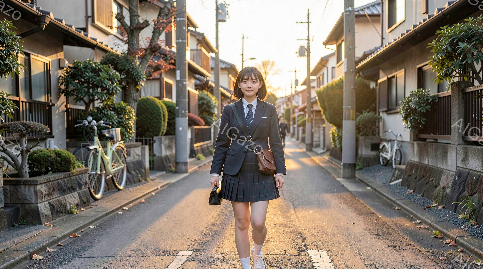制服を着た女子高生が、石畳の道の中央をまっすぐ歩いている。彼女は黒のブレザー、プリーツスカート、白いソックスと革靴を着用し、髪は肩までの長さで、前髪は眉毛にかかるようにカットされている。背景は古い木造家屋が並ぶ住宅街で、夕暮れ時の柔らかな光が差し込み、穏やかな雰囲気を醸し出している。