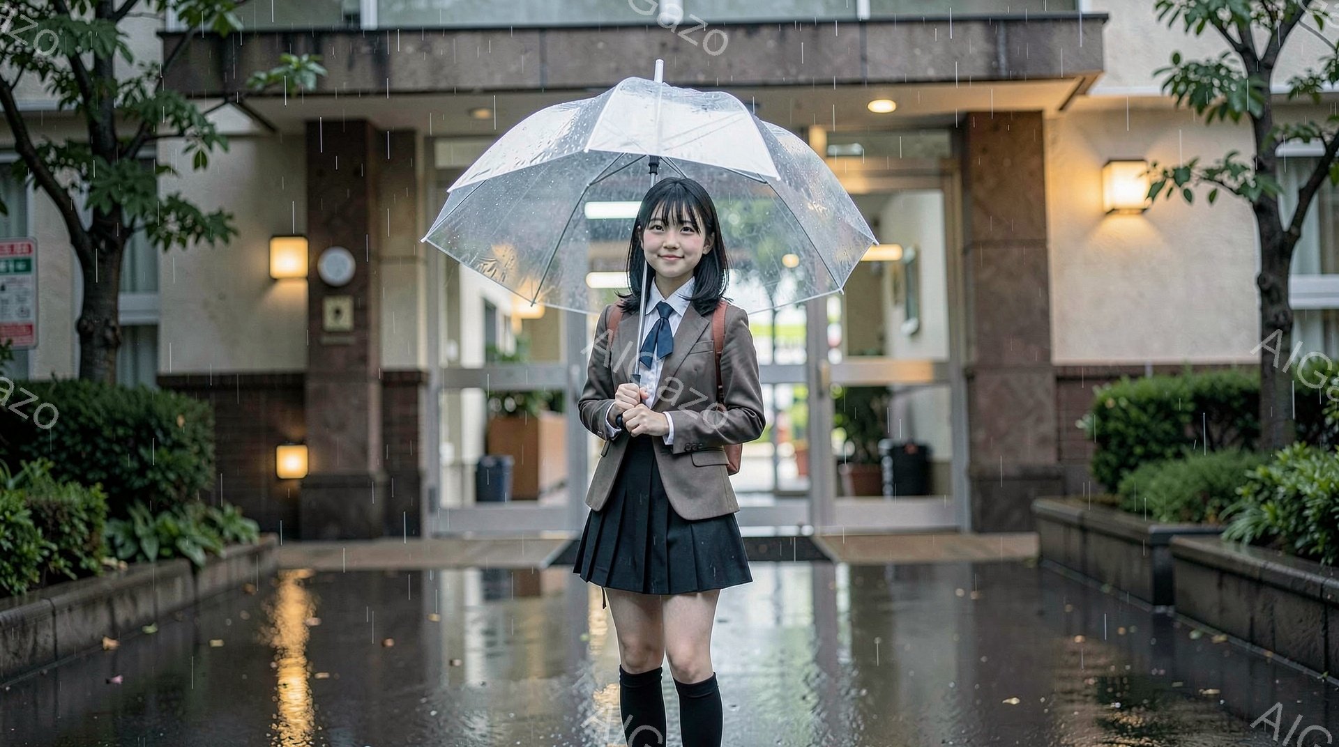 明るい笑顔を見せる女子高生が、雨の中、透明な傘をさして立っている。紺色のリボンと白シャツに、ベージュのブレザー、チェック柄のスカート、膝上までのソックス、革靴という制服を着ている。背景には、タイル貼り - AI生成フリー素材