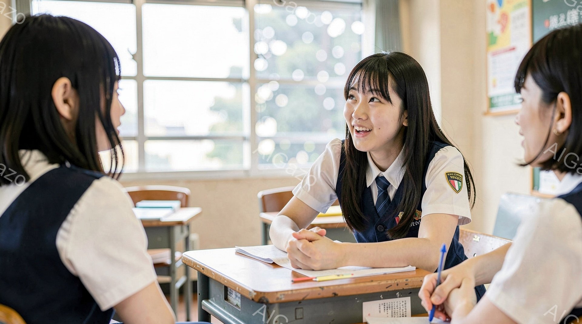 制服を着た女子高生が教室で向かい合って座っています。中央の女子は笑顔で何かを話しており、両隣の女子は彼女の話を聞いているようです。教室は明るく、窓の外には緑豊かな風景が広がっており、穏やかな雰囲気です - AI生成フリー素材
