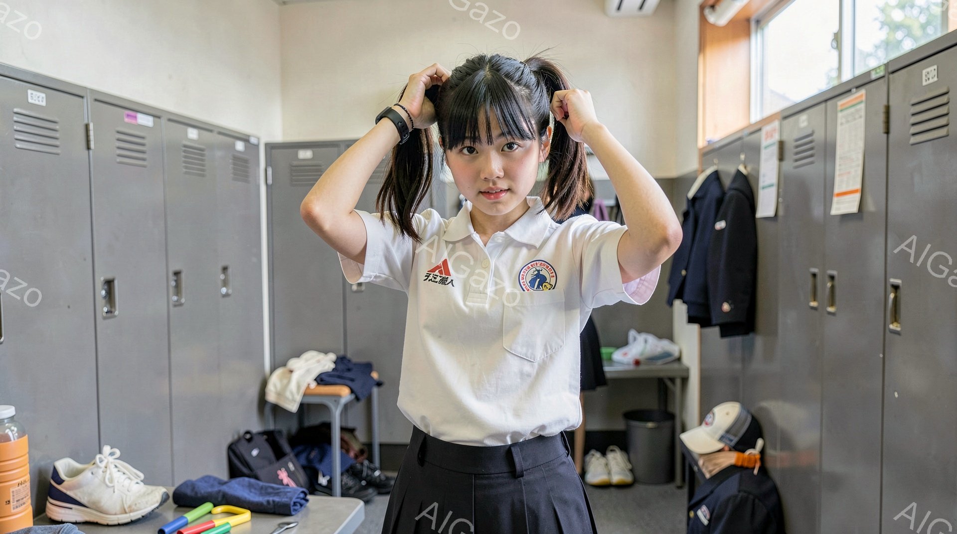 制服姿の女子生徒が、体育館のような場所で髪を結んでいる。白いブラウスに黒のスカート、そして紺色のカーディガンを羽織っており、明るい笑顔で前を見ている。背景にはロッカーや体育器具、脱いだ靴などが散らばっており、活気のある体育の授業後の雰囲気が感じられる。