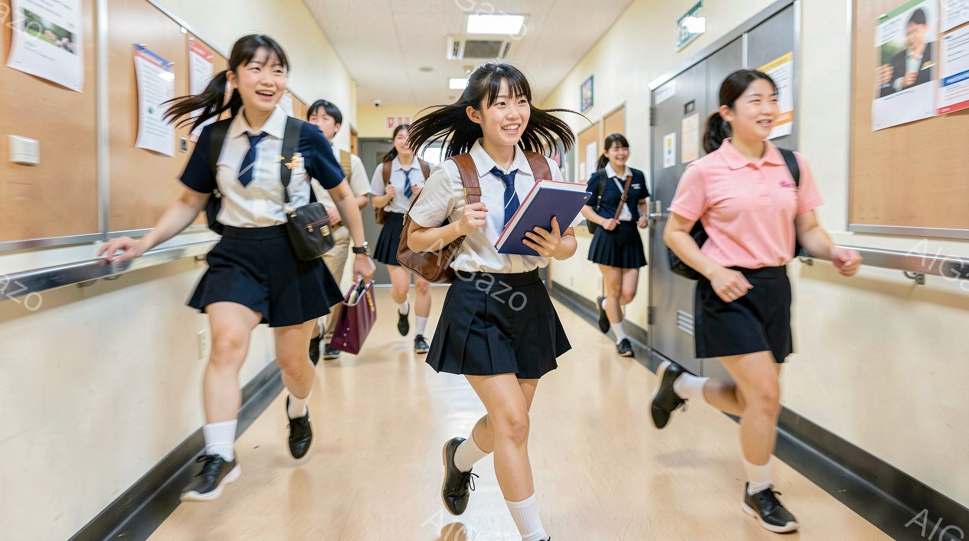 制服姿の女子学生たちが廊下を走っている様子が写っている。紺色のスカートと白いブラウス、リボンネクタイを着用し、活発な表情で前を見据えている。廊下にはポスターが貼られ、明るい日差しが差し込み、学校の日常的な活気を感じさせる。