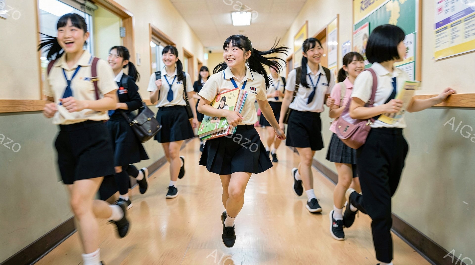 制服姿の女子高生たちが廊下を走り抜けている様子が写っています。紺色のスカートと白いブラウス、リボンを締め、楽しそうな表情を浮かべています。背景は学校の廊下で、掲示板や窓が見え、明るく活気のある雰囲気です。