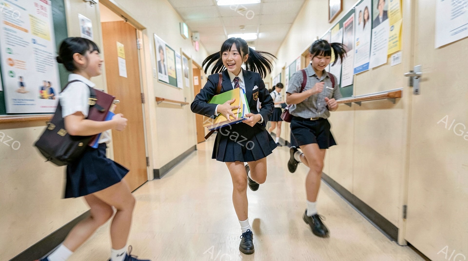 制服を着た女子学生たちが廊下を走っている様子が写っている。先頭の女の子は黒い髪をツインテールにし、楽しそうな笑顔で両手に本を持っている。廊下にはポスターが貼られ、明るい雰囲気で、学校の日常の瞬間を切り取った写真である。