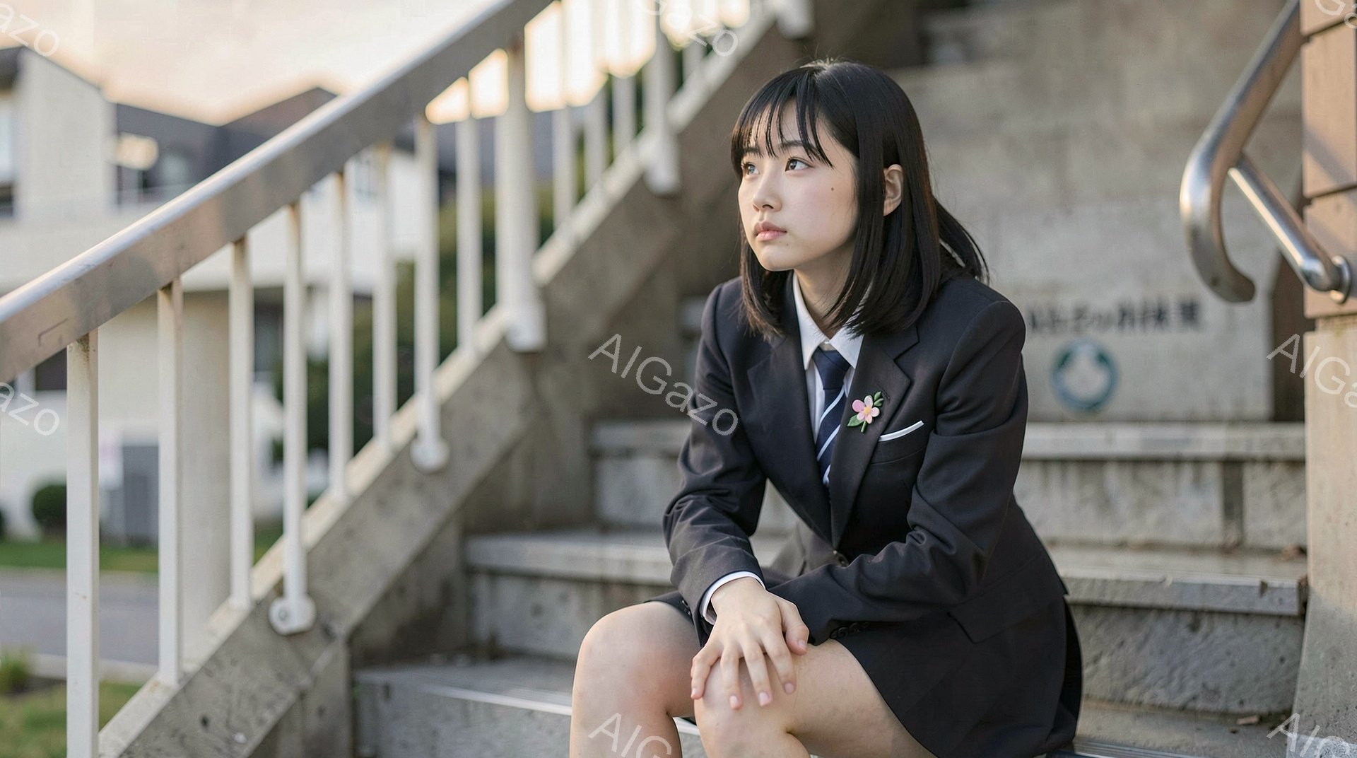 制服を着た女子高生が、石段に座って少し憂いを帯びた表情で遠くを見つめている。彼女は黒いブレザーに白いシャツ、ネクタイ、そして膝丈のスカートを着用しており、髪は肩までの長さで前髪を揃えている。背景には白っぽい建物と緑の芝生が見え、晴れた日の穏やかな光が差し込んでいる。