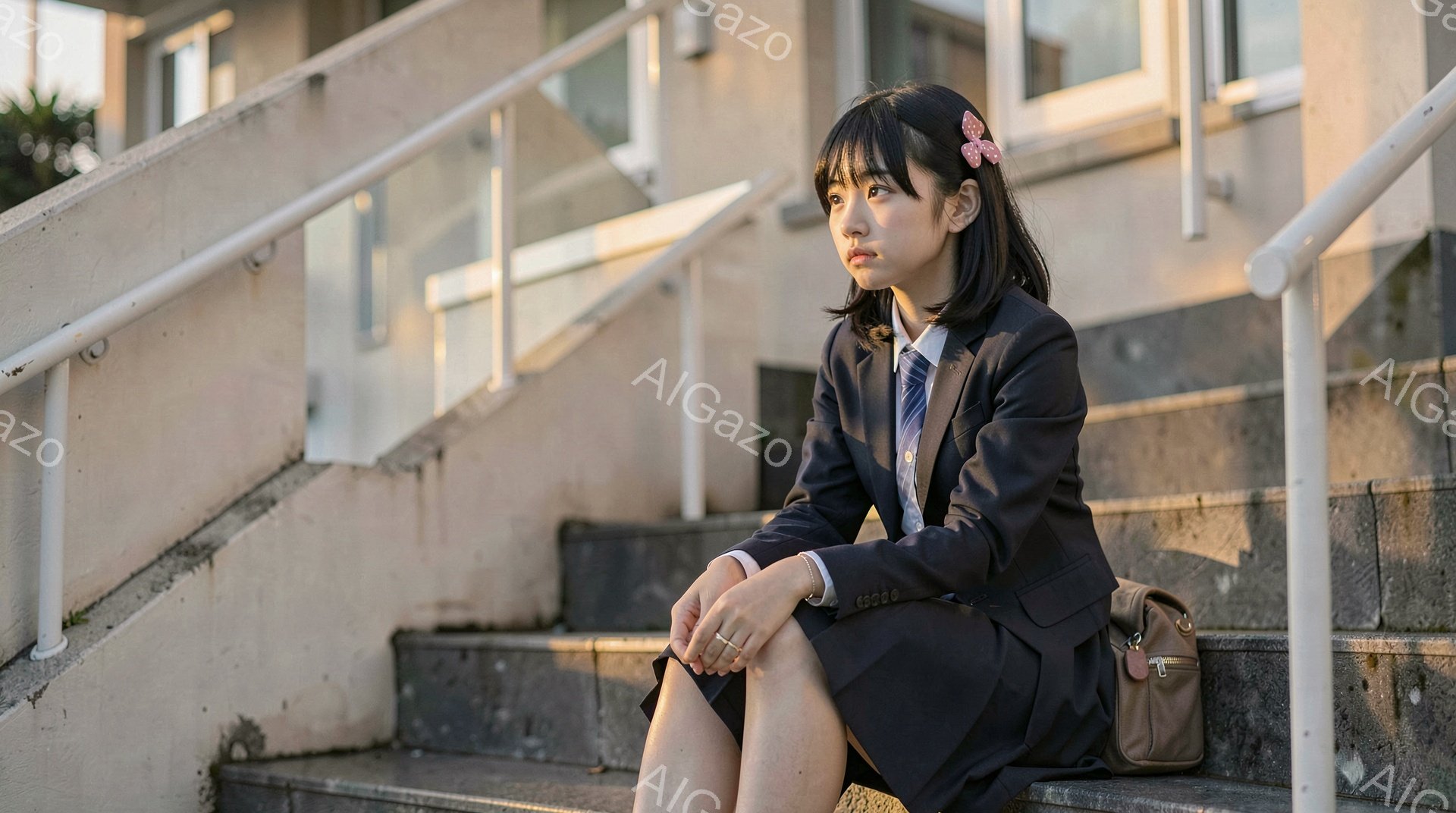 画像には、制服を着た若い女性が階段に座って、少し憂鬱そうな表情を浮かべている様子が写っています。彼女は紺色のブレザー、白いシャツ、ネクタイ、そして膝丈のスカートを身につけ、髪は肩まで伸びており、髪飾り - AI生成フリー素材