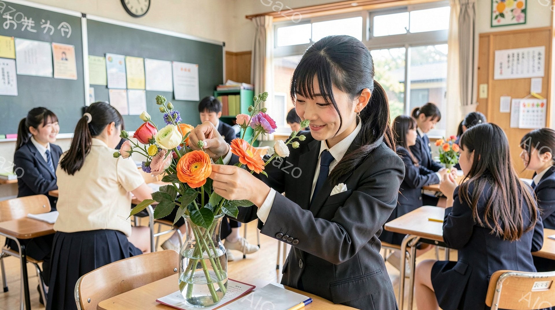 制服を着た女子学生が、試験机の上で花瓶に花を活けている様子が描かれています。彼女は長い前髪とサイドの髪を耳にかけるヘアスタイルで、微笑みながら丁寧に花を調整しています。教室の奥には他の生徒たちが座っており、窓から差し込む光が教室全体を明るく照らしています。