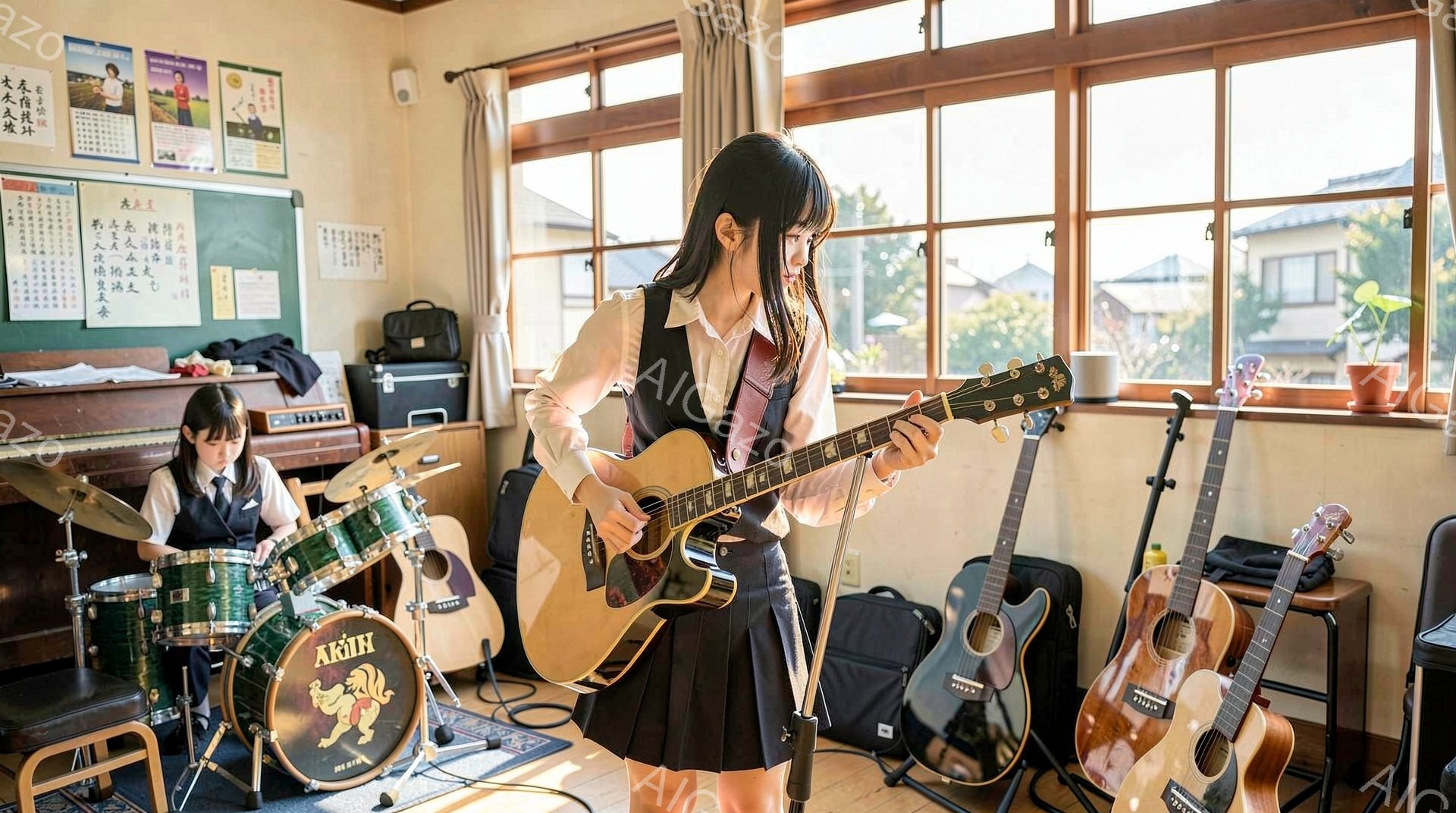 少女はギターを弾き、黒いスカートと白いブラウスを着ています。彼女は長い黒髪で、少し緊張した表情をしています。背景にはドラムセット、ギター、ベース、ピアノがあり、教室のような場所で、窓からは緑豊かな木々が見えます。