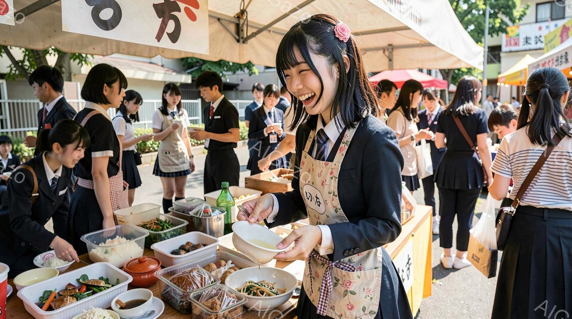 学生たちが屋台で食事を準備している様子が写っています。制服を着た生徒たちは、笑顔で料理を盛り付けたり、列に並んだりしています。背景には木々や建物が見え、晴れた日の賑やかな学園祭のような雰囲気が伝わってきます。