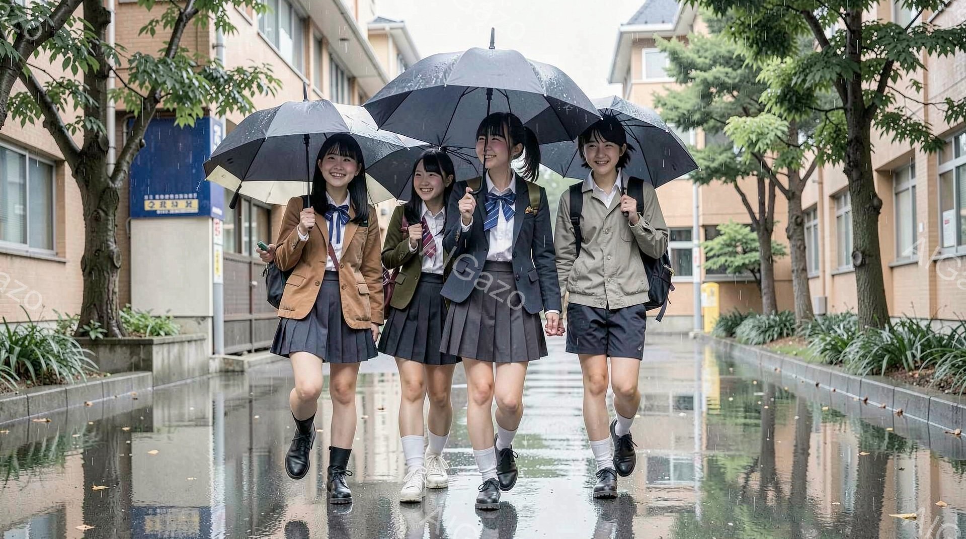 紺色の制服に身を包んだ女子高生4人が、雨の中、笑顔で並んで歩いている。彼女たちはそれぞれ黒い傘を持ち、ブレザー、プリーツスカート、膝丈のソックス、黒い靴を履いている。背景にはレンガ造りの歩道と、緑豊かな木々、そして校舎が見え、雨上がりの晴れやかな雰囲気が伝わってくる。