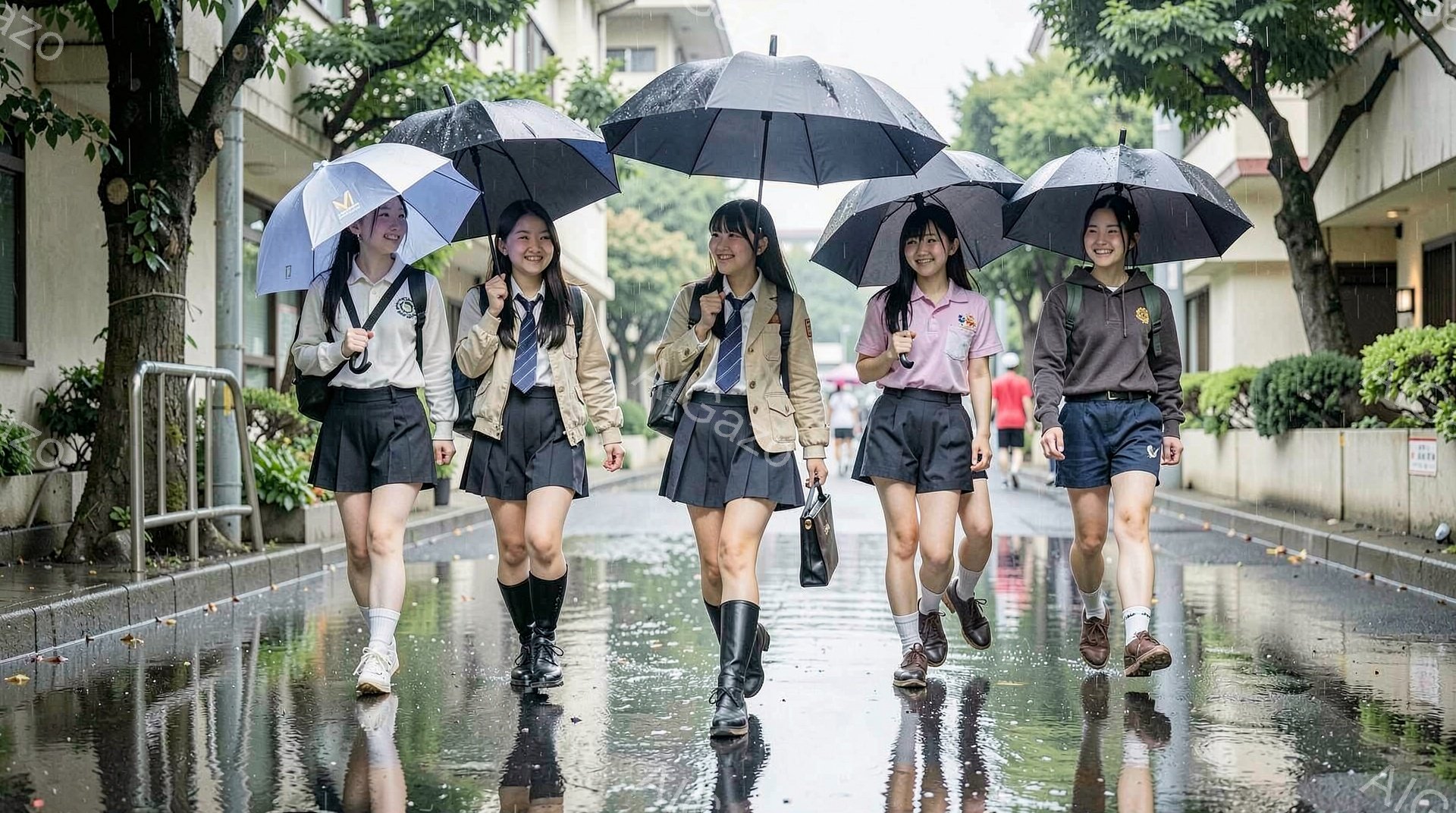 雨の日に制服を着た女子高生５人が並んで歩いている。彼女たちは黒い傘をさし、笑顔で歩調を合わせている。背景には緑豊かな木々と建物があり、濡れた路面が雨の雰囲気を強調している。