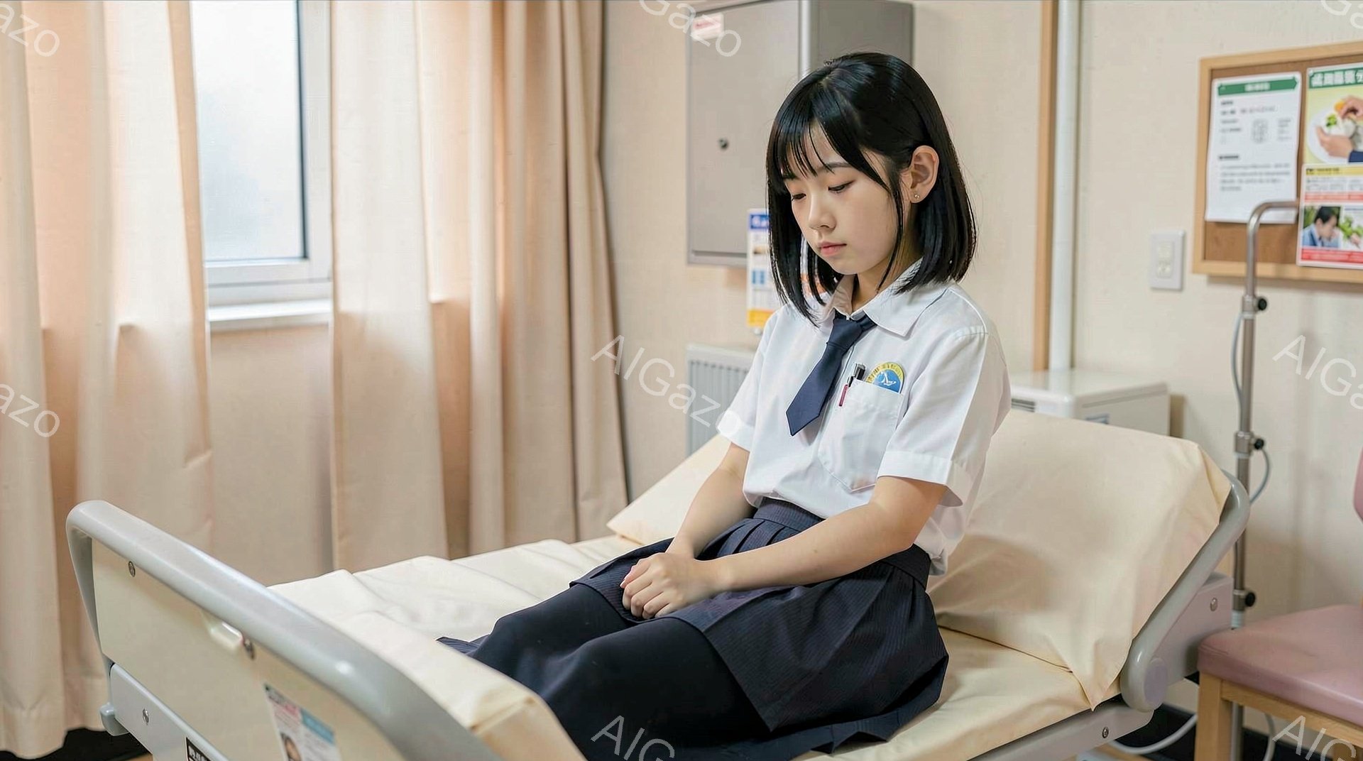 制服を着た女子学生が病院のベッドに座っています。彼女は紺色のスカートと白いブラウスを着ており、髪は短く切り揃えられています。表情は少し憂鬱そうで、何かを考え込んでいる様子です。