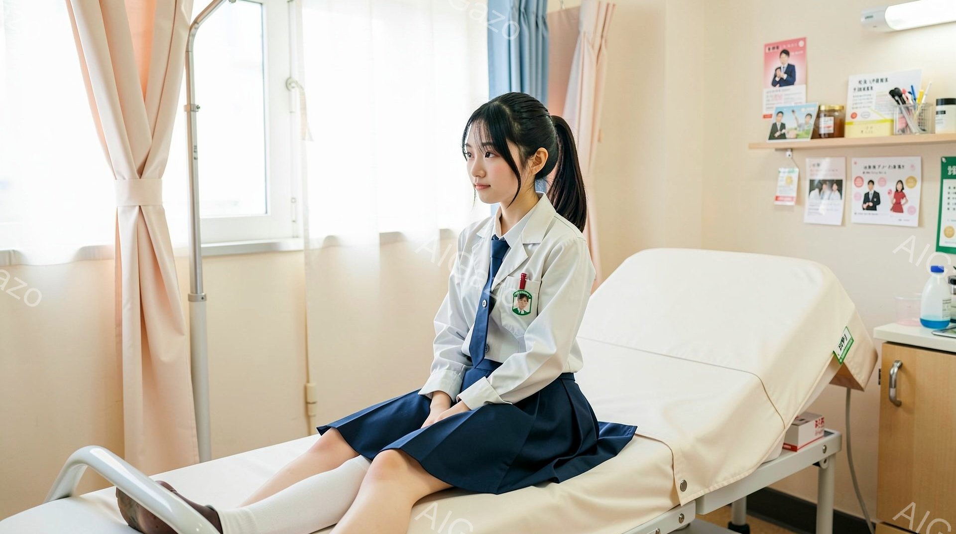 制服を着た若い女性が、医療機関の診察台に座っています。彼女は長い黒髪をポニーテールにし、少し緊張した表情で前を見つめています。背景には医療ポスターや消毒液などが置かれ、病院の一室であることがわかります。