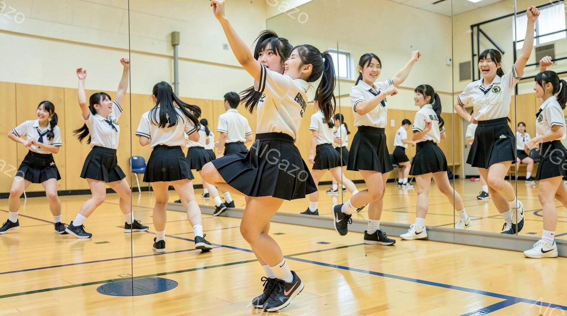 女学生たちが体育館で踊っている写真です。紺色のスカートと白いブラウス、リボン付きのネクタイという制服を着ており、髪はポニーテールに結ばれています。彼女たちは皆、片足を高く上げ、笑顔で元気いっぱいに踊っており、体育館の鏡にその姿が映し出されています。