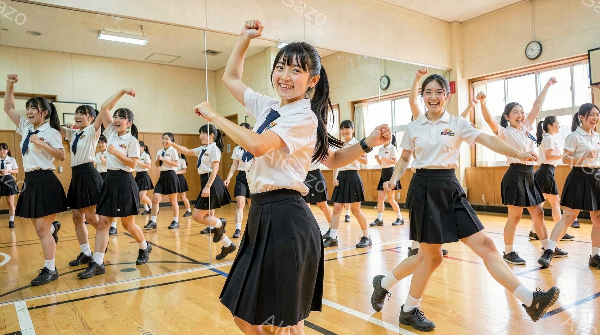 女子高生たちが体育館で踊っています。白いブラウス、黒いスカート、そして白い靴下と黒い靴を着用し、皆笑顔で両腕を上げてポーズをとっています。体育館の床は木製で、壁には鏡があり、バスケットボールのゴールが見えます。