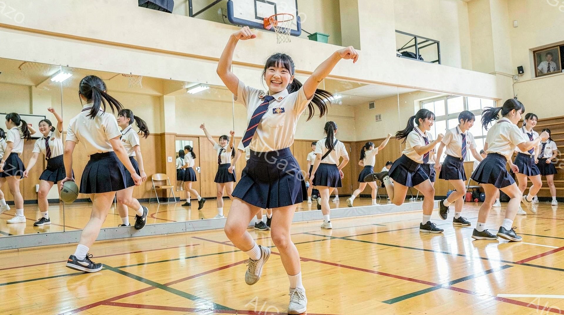 体育館で、紺色のスカートと白いブラウスの制服を着た女子学生たちが練習している様子が写っている。一人の女子学生はジャンプして両手を上げて喜んでおり、他の女子学生たちは周囲を取り囲んで同じようにジャンプしたり、ボールを扱ったりしている。体育館は広く、鏡張りの壁があり、バスケットゴールが見える。