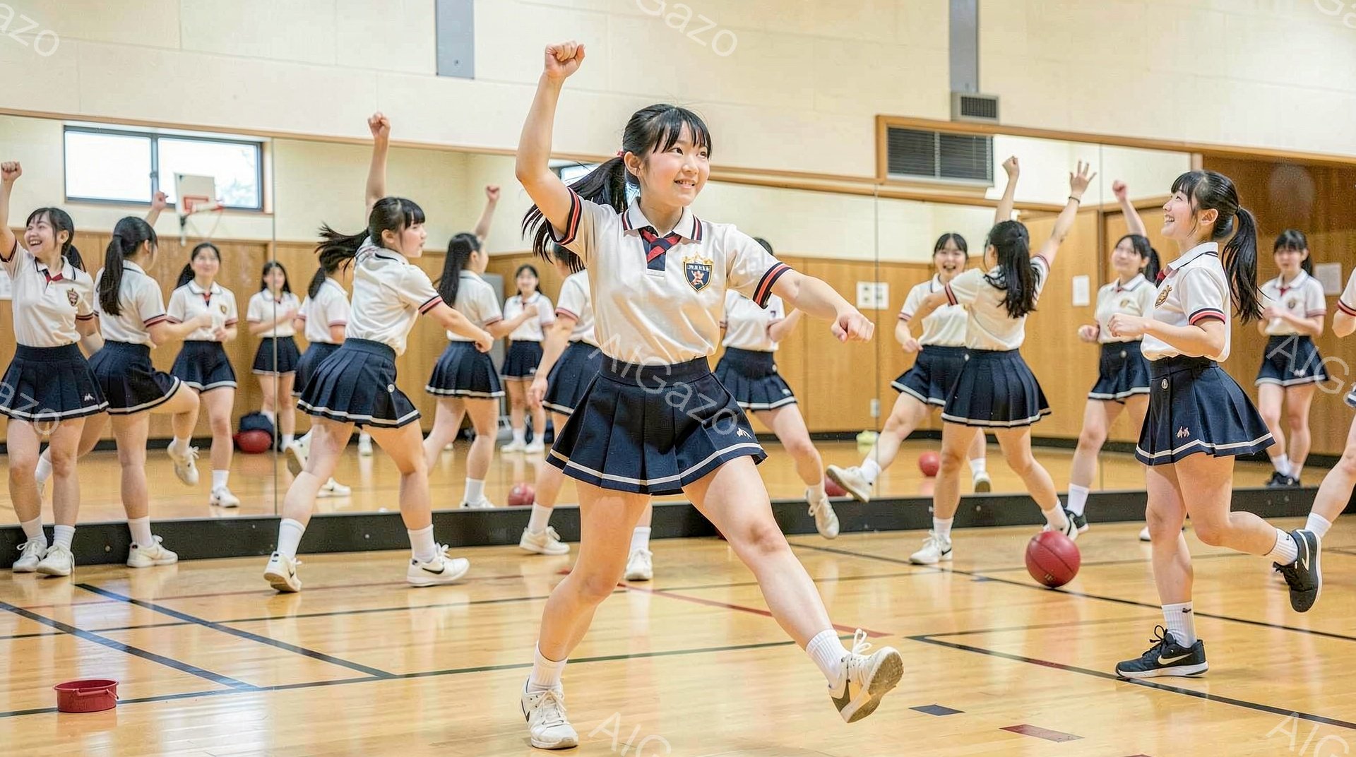 女学生たちが体育館で踊っている写真です。紺色のプリーツスカートと白いブラウス、赤いネクタイを着用し、髪はポニーテールにしています。皆、笑顔でジャンプしたり腕を上げたりしており、活気のある雰囲気です。