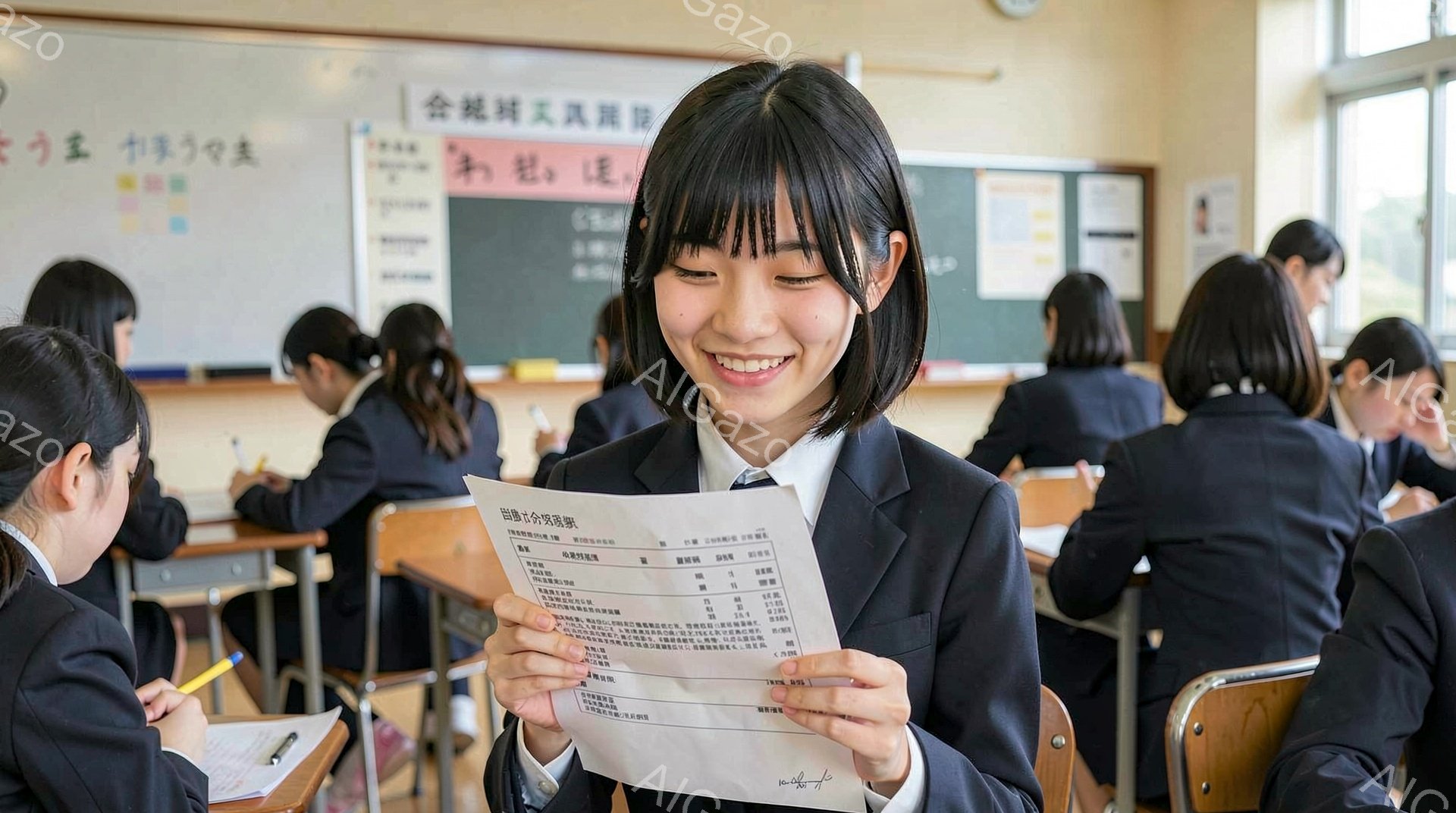 制服を着た女子学生が、試験結果のプリントを嬉しそうに掲げている。彼女は肩までの長さの茶髪で、笑顔が印象的だ。教室には他の生徒も座っており、机に向かって勉強している様子が見える。