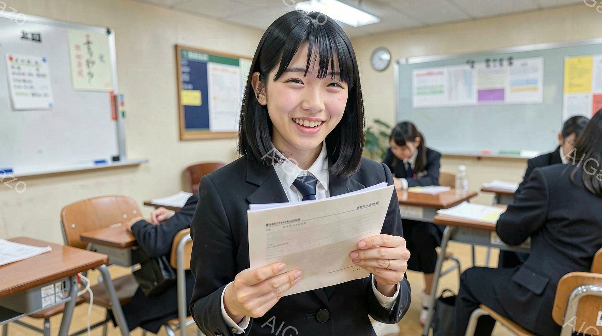 画像は、日本の教室で、制服を着た女子学生が微笑みながら書類を手に持っている様子を捉えています。彼女は黒髪のショートヘアで、明るい表情でカメラに向かって立っており、背景には他の生徒たちが授業を受けている - AI生成フリー素材