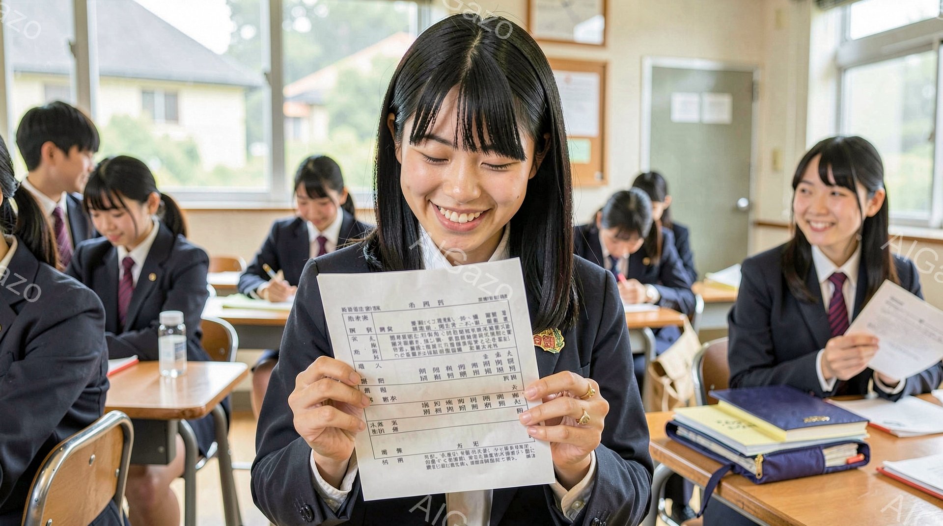 学生たちが教室で授業を受けている様子が写っています。制服を着た生徒たちは、ノートや教科書を開いて、熱心に先生の話を聞いているようです。教室は明るく、窓からは自然光が差し込み、活気ある学習の雰囲気が漂っています。