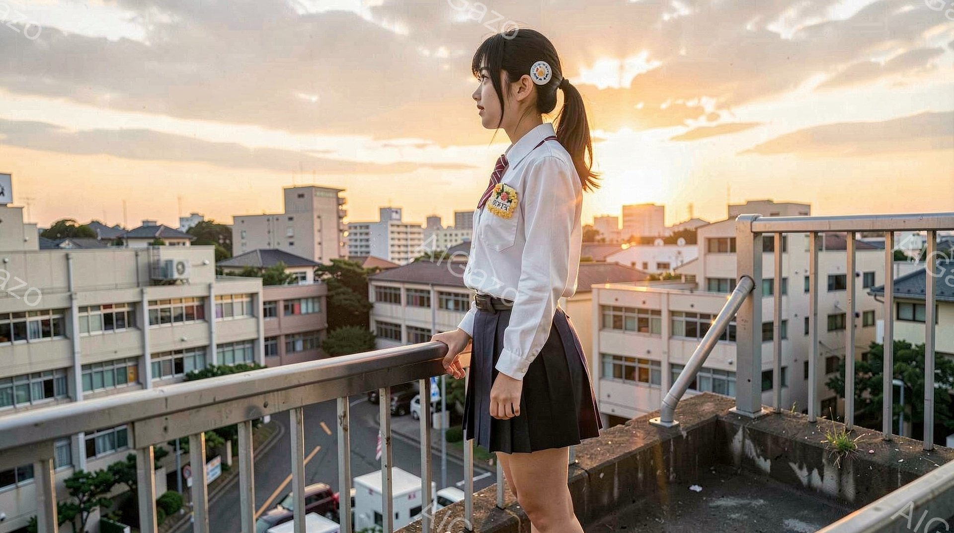 女子は制服姿で、白シャツにプリーツスカートを着用し、肩に小さな花飾りをつけている。彼女は手すりに寄りかかり、遠くを見つめている横顔は少し憂いを帯びているように見える。背景には、夕焼けに照らされた市街地が広がり、建物の影が長く伸び、穏やかでノスタルジックな雰囲気を醸し出している。