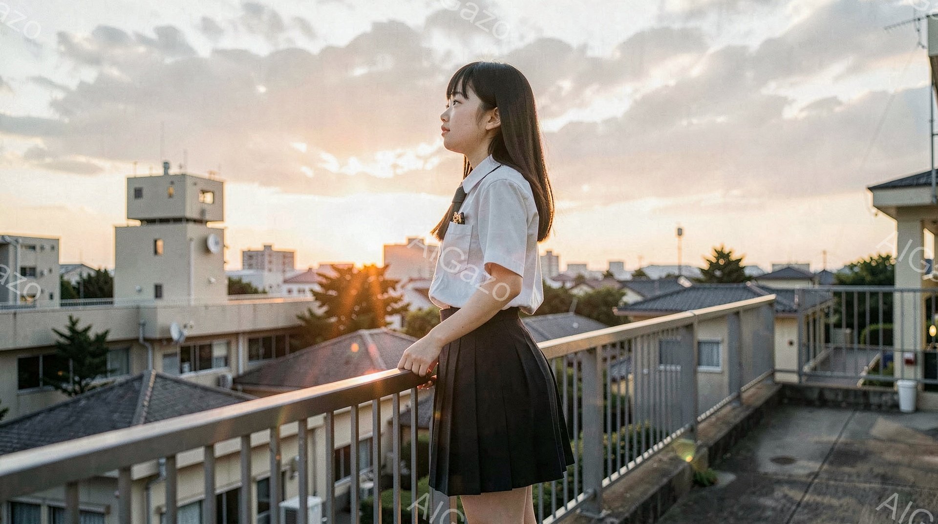 画像には、制服を着た若い女性が屋上の柵にもたれかかって、遠くを見つめている様子が写っています。彼女は、白いブラウスとプリーツスカートを着用し、ロングヘアを後ろでまとめています。背景には、住宅地と夕焼け空が広がり、穏やかで少し寂しげな雰囲気を醸し出しています。