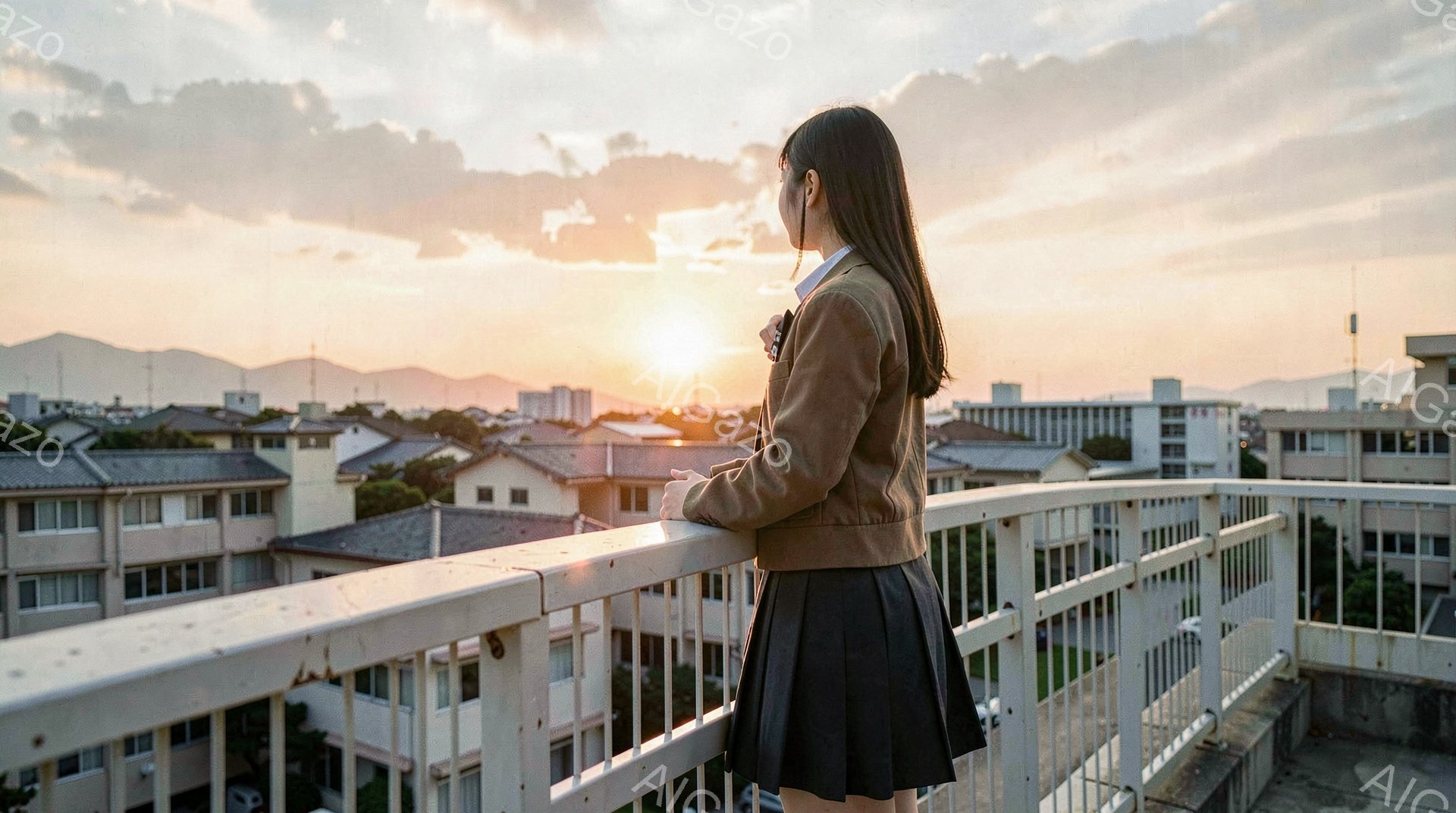 夕焼けを背景に、制服を着た女子学生が屋上の柵にもたれかかって立っている。彼女は肩までの黒髪で、横顔は少し憂いを帯びた表情をしているようだ。下には住宅街が広がり、遠くには山並みがぼんやりと見える、穏やかで物憂げな雰囲気の風景である。