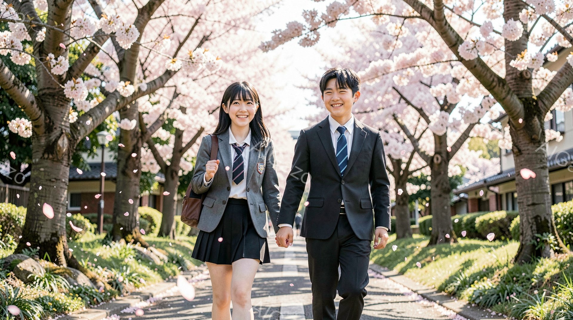 画像には、桜並木を歩く制服姿の男女が写っています。女性は灰色のブレザーにチェックのスカート、ロングヘアに前髪を下ろしたスタイルで、笑顔を見せています。男性は黒いスーツにネクタイ、短髪で、女性と手をつなぎ、同じように笑顔で歩いています。