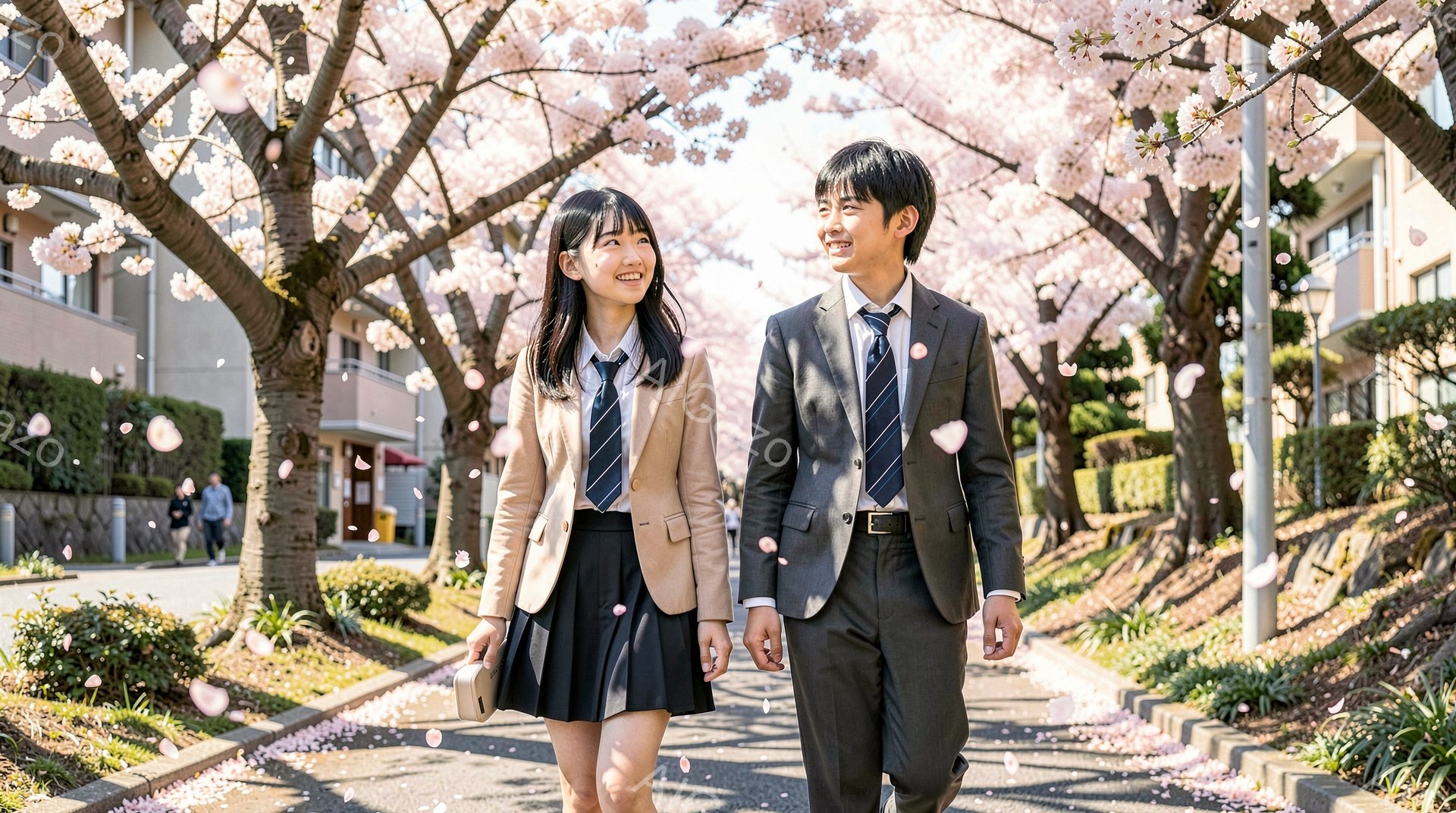 画像には、桜並木を歩く制服姿の男女が写っています。女性はベージュのブレザーにチェックのネクタイ、紺色のスカートを着用し、笑顔で前を見つめています。男性はグレーのスーツにネクタイ姿で、少し照れくさそうにしながら女性の方を見ています。