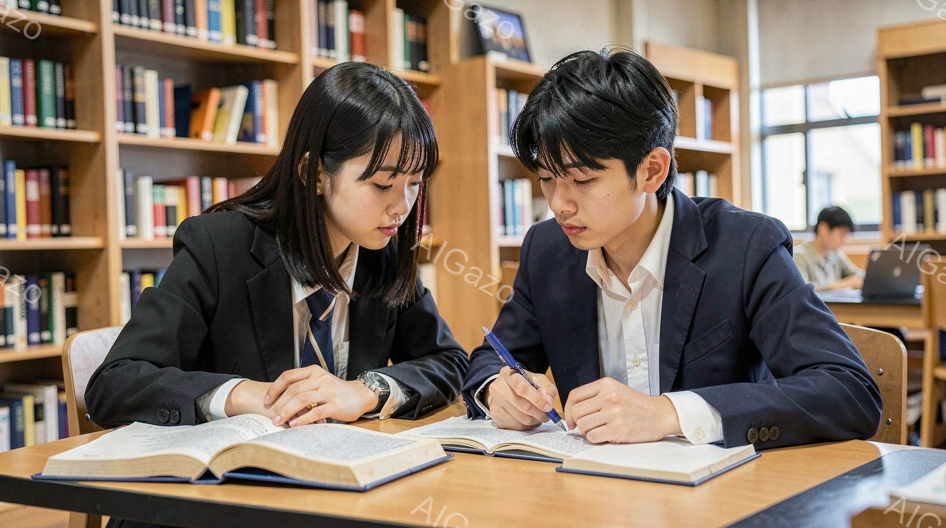 2人の学生が図書館で本を読みながら勉強している様子が写っている。女子学生は黒いブレザーに白いシャツ、男子学生は同様のブレザーに白シャツを着ており、姿勢は前かがみで集中している。背景には本棚が並び、他の学生もいるが、全体的に静かで落ち着いた雰囲気が漂っている。