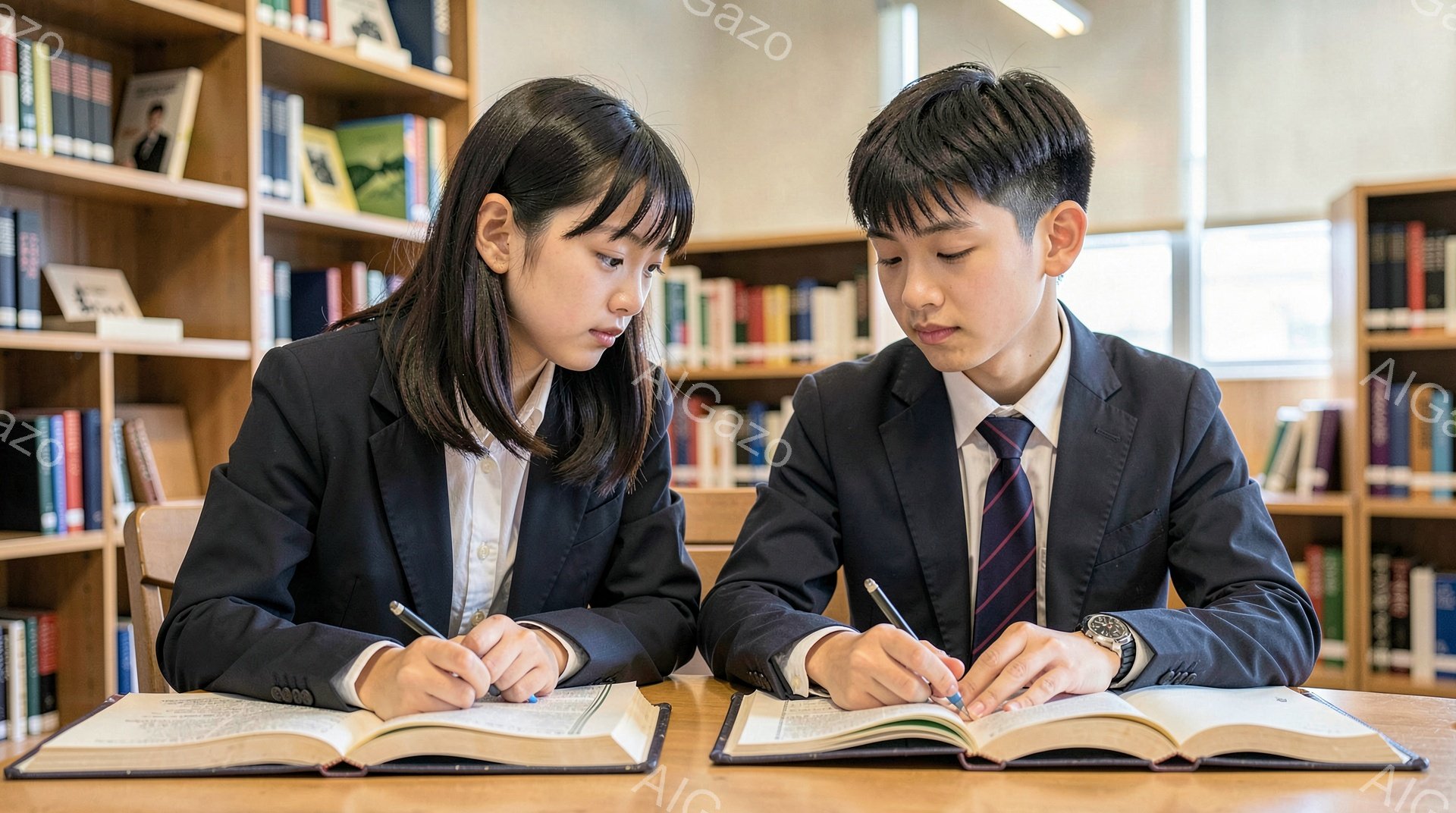 制服を着た女子高生と男子高生が図書館で本を読みながら勉強している。女子高生は黒髪で前髪が目にかかり、真剣な表情でノートに何か書き込んでいる。男子高生も同様に制服を着ており、眉間にしわを寄せながら、開いた本を見つめている。