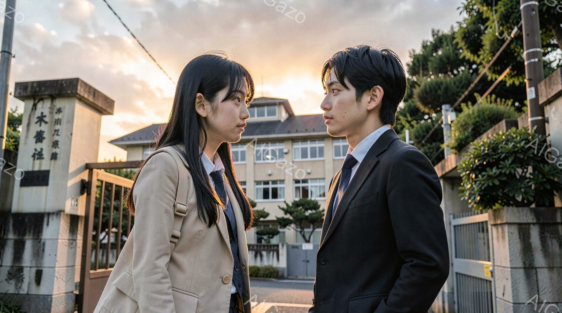 若い女性と男性が、学校の入り口付近で向かい合って立っている。女性はベージュ色のジャケットとスカート、紺色のニットを着用し、ロングヘアを後ろでまとめており、やや厳しい表情をしている。男性は黒いスーツ姿で、短髪で整髪されており、真剣な眼差しで女性を見つめている。背景には学校の建物が見え、夕暮れ時の空が暖色で照らされている。