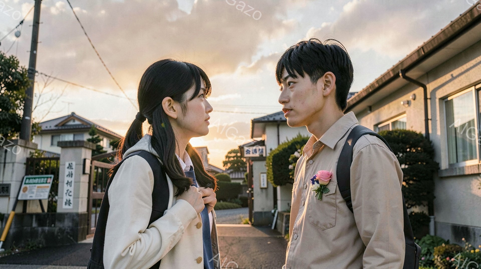 背景には日本の住宅街が広がっており、木々や緑も見える。夕暮れ時の柔らかい光が全体を照らし、どこかノスタルジックな雰囲気を醸し出している。