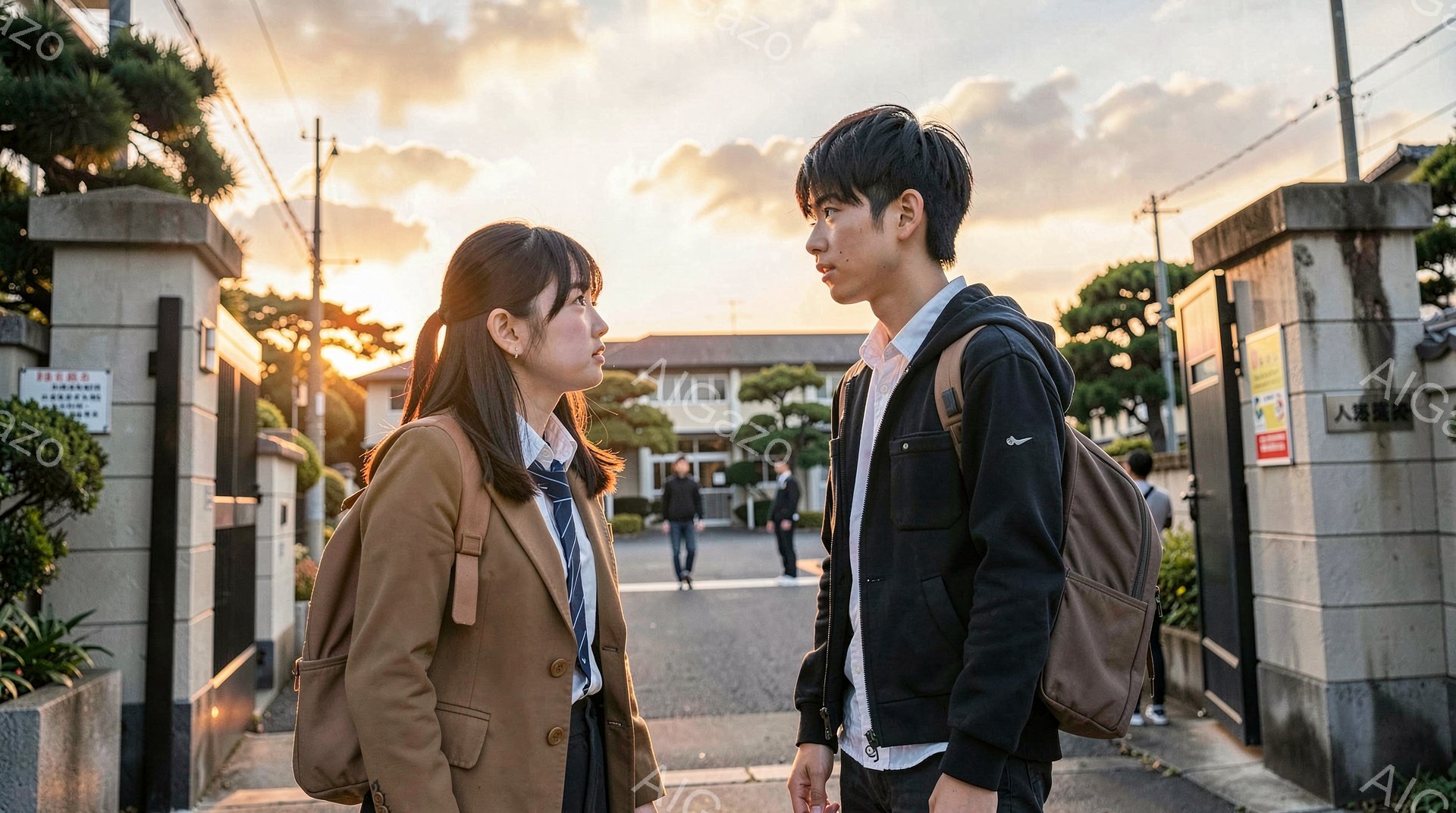 制服を着た女子高生は、茶色のブレザーにネクタイとチェック柄のスカートを合わせ、長い髪を肩まで垂らしています。男子高校生は黒いジャンパーと白いシャツを着て、リュックサックを背負い、女子高生と向き合ってい - AI生成フリー素材