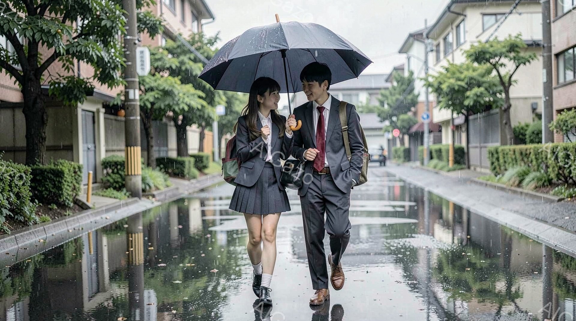 雨の日に、制服を着た女子高生とスーツ姿の男子生徒が並んで歩いている。女子高生は膝丈のプリーツスカートに白い靴下、男子生徒は濃い色のスーツを着ており、二人は黒い傘を共有している。背景には、住宅街の風景と緑の生垣が広がり、雨で濡れた路面が反射している。