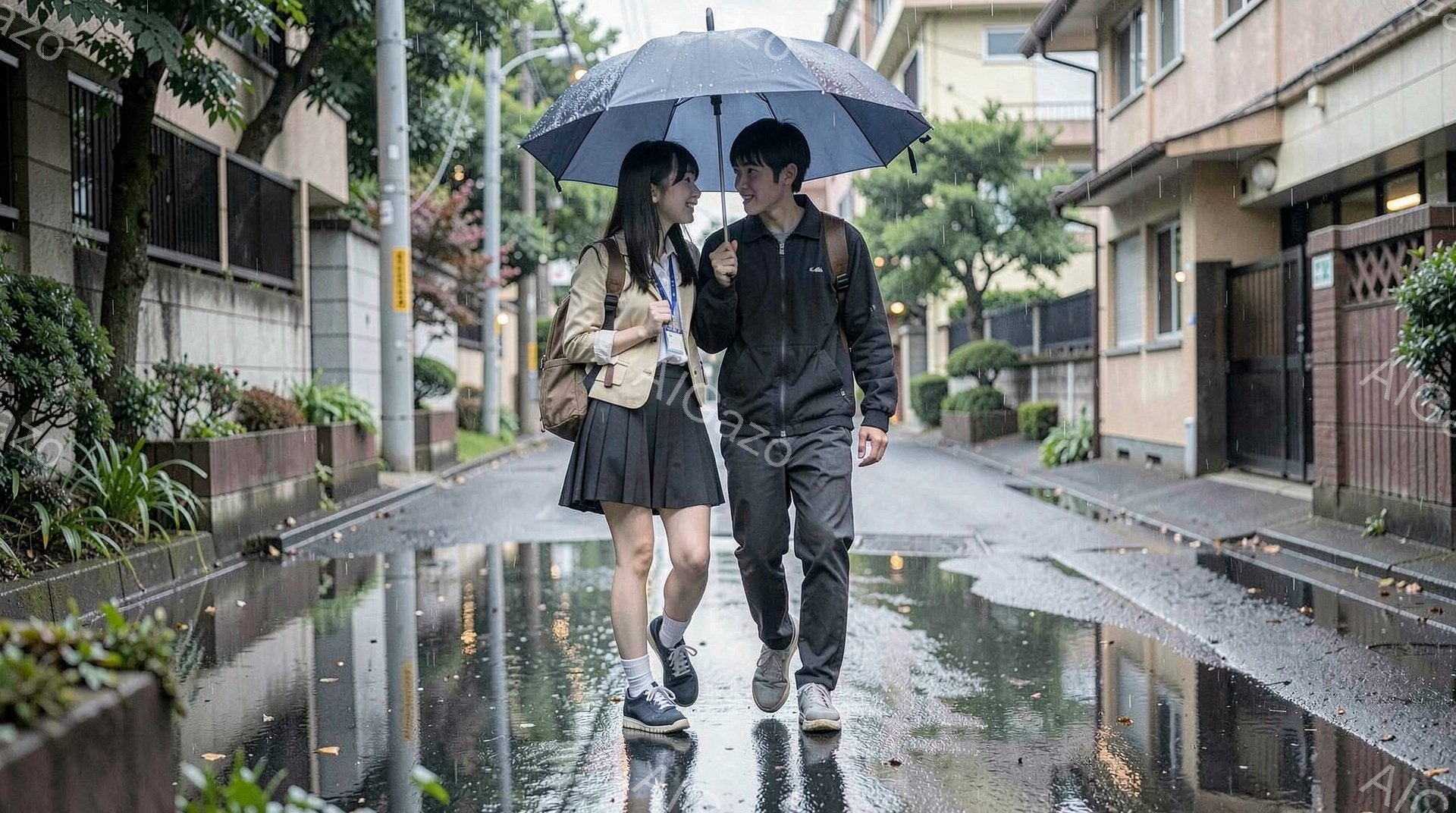 雨の日に、制服を着た若い男女が並んで歩いている。女の子は、ベージュのジャケットとプリーツスカート、ロングヘアで、少し微笑んでいる。男の子は、黒いジャケットとズボンで、少し緊張した表情で、二人は傘を共有し、水たまりに反射する街並みを背景に、穏やかな雰囲気を醸し出している。