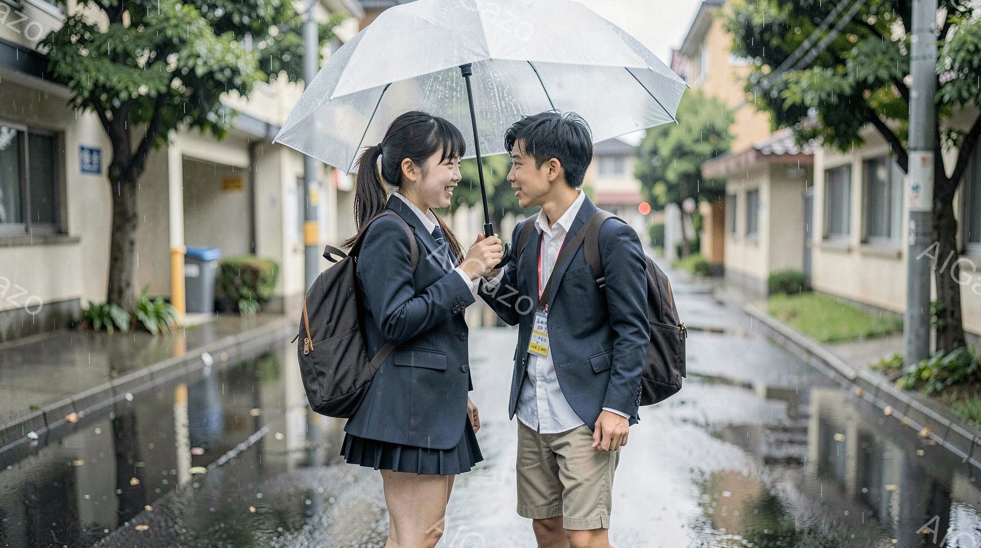 雨が降る中、制服を着た男女の学生が寄り添い、傘を共有している。女性は黒髪をポニーテールにし、微笑みながら男性を見つめており、男性は短髪で、少し照れたような表情で女性を見返している。背景には住宅街の風景が広がり、濡れた道路が雨の雰囲気を際立たせている。