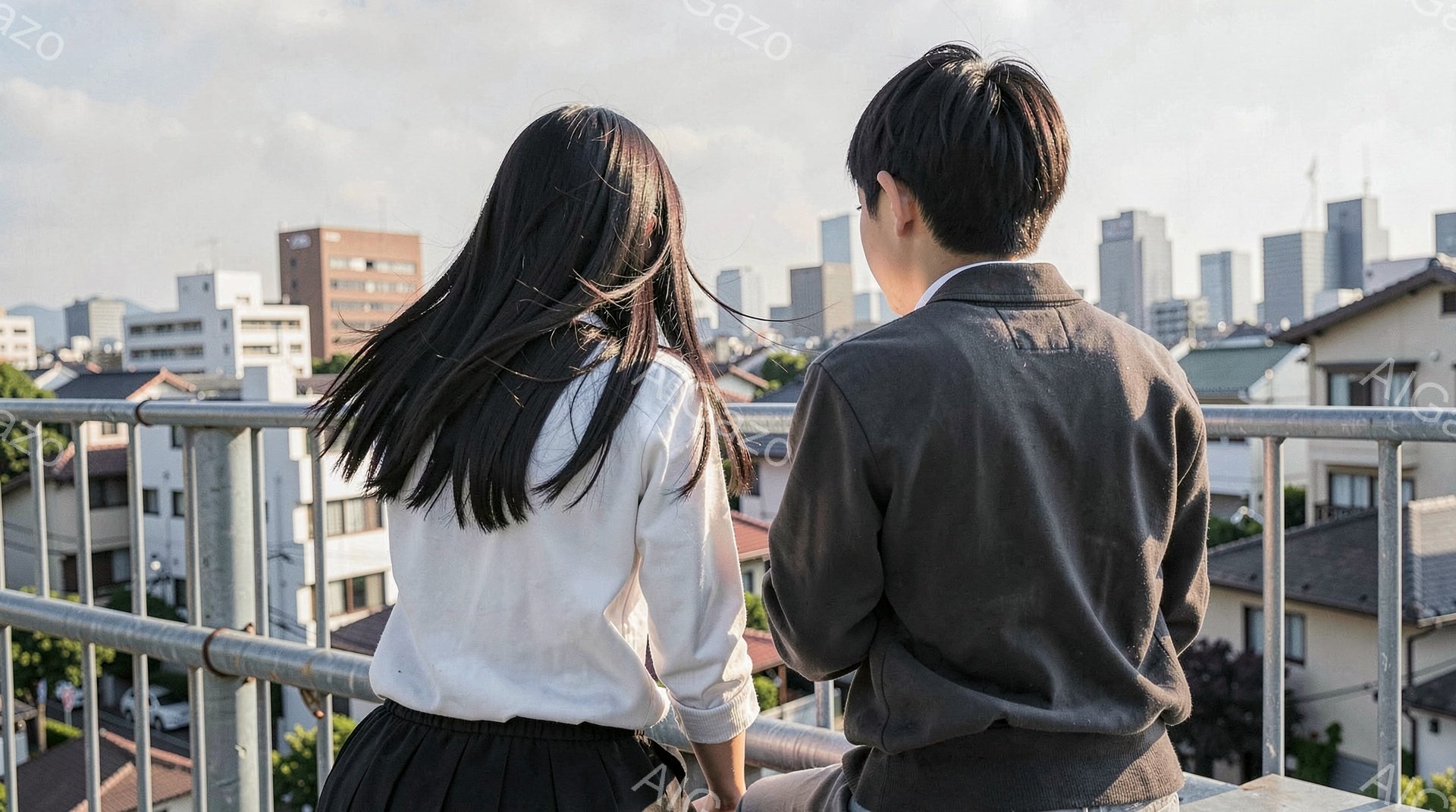 制服を着た男女が、屋上の金属製の柵にもたれかかって、遠くの街並みを眺めている。女性は長い黒髪で、白いシャツと黒いスカートを着ている。男性は短い黒髪で、グレーのスーツジャケットを着ている様子から、学生かそれに近い年齢層であることが窺える。