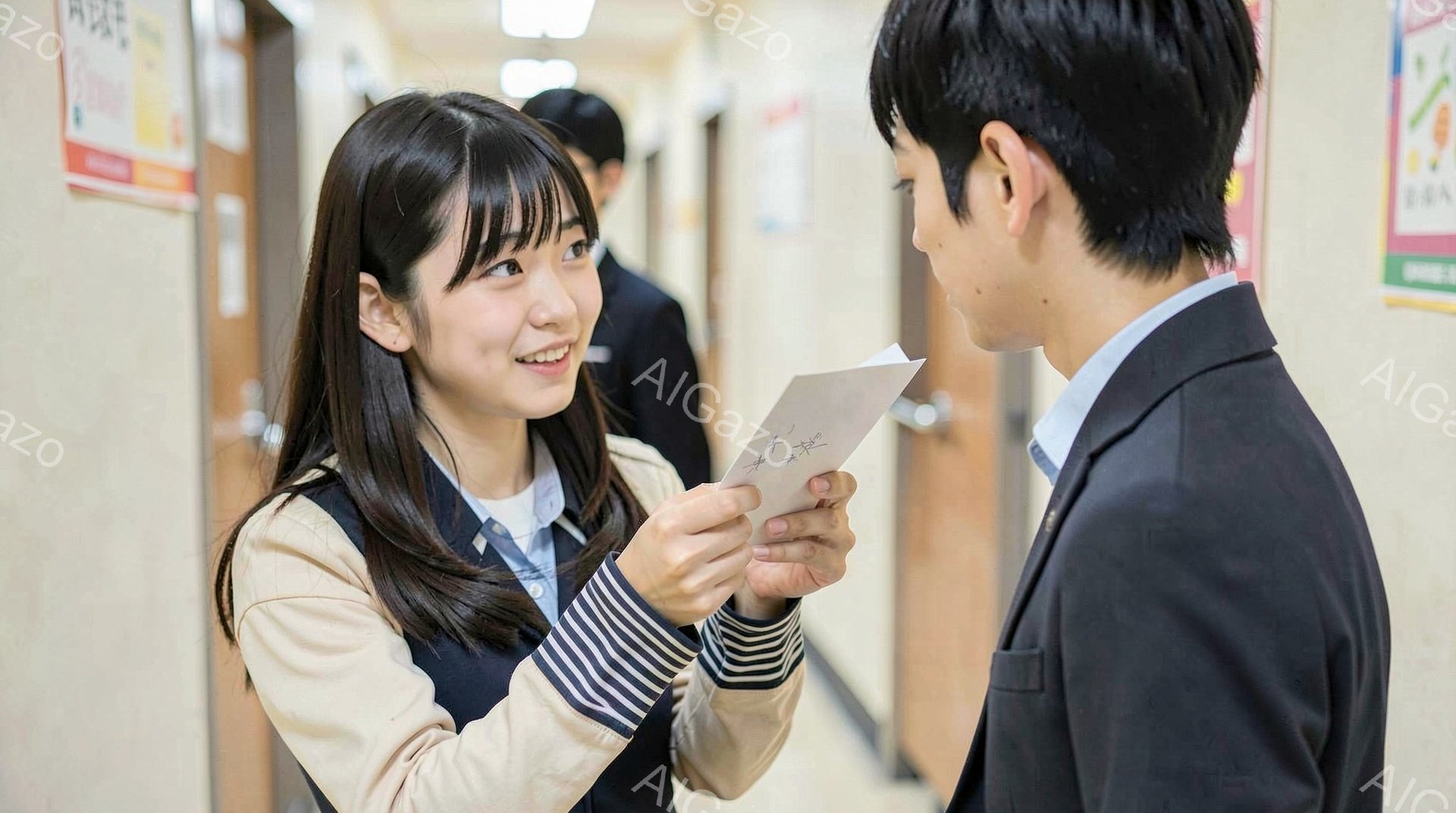 女子は紺色のブレザーに白いシャツ、ストライプのネクタイ、そしてプリーツスカートを着用し、明るい笑顔で何かを手渡そうとしています。男子は黒いスーツで、彼女のほうを見ており、少し微笑んでいるように見えます - AI生成フリー素材