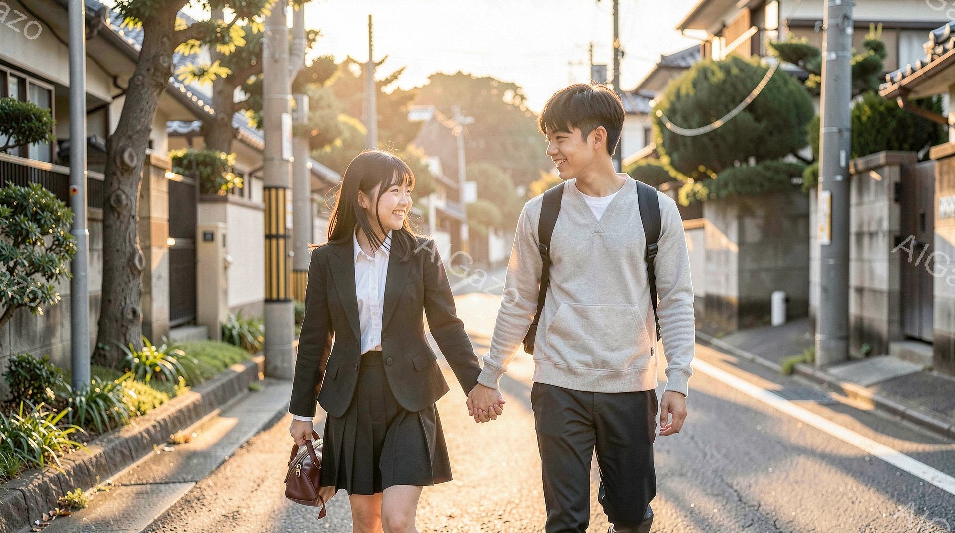 制服を着た女子高生とカジュアルな服装の男子高校生が、夕暮れ時の住宅街の道を手をつないで歩いている。女子高生は黒いジャケットとスカート、白いシャツを着用し、ロングヘアを肩まで垂らしている。男子高校生はグレーのスウェットシャツと黒いズボンを着用し、明るい笑顔を浮かべている二人からは、親密で温かい雰囲気が感じられる。