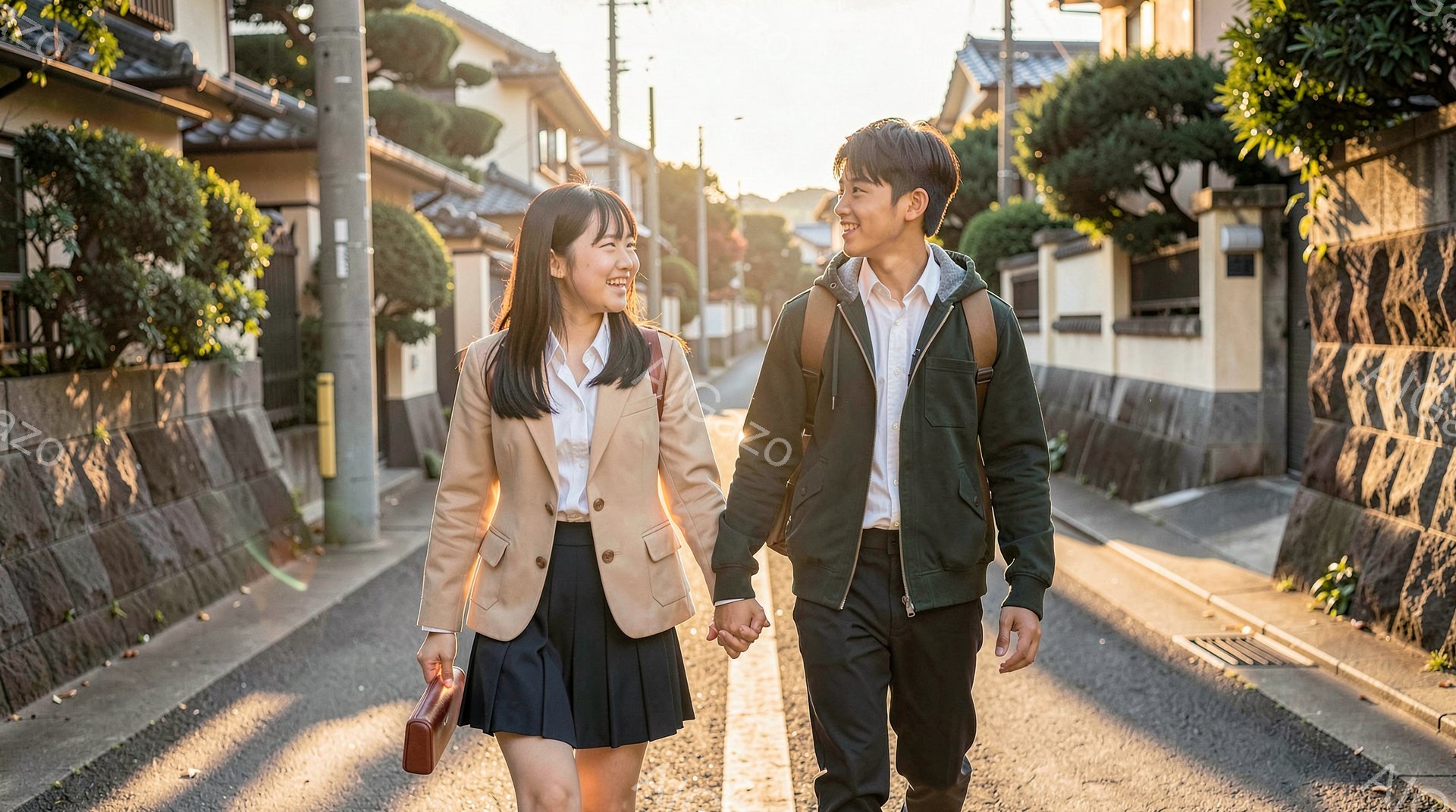 若い男女が並んで歩いており、互いに手をつないでいる。女性はベージュのジャケット、白いシャツ、黒のミニスカートを着用し、長い髪をなびかせながら笑顔を浮かべている。背景には石造りの壁と日本の伝統的な家並み、そして夕焼けのような暖かい光が差し込んでいる。