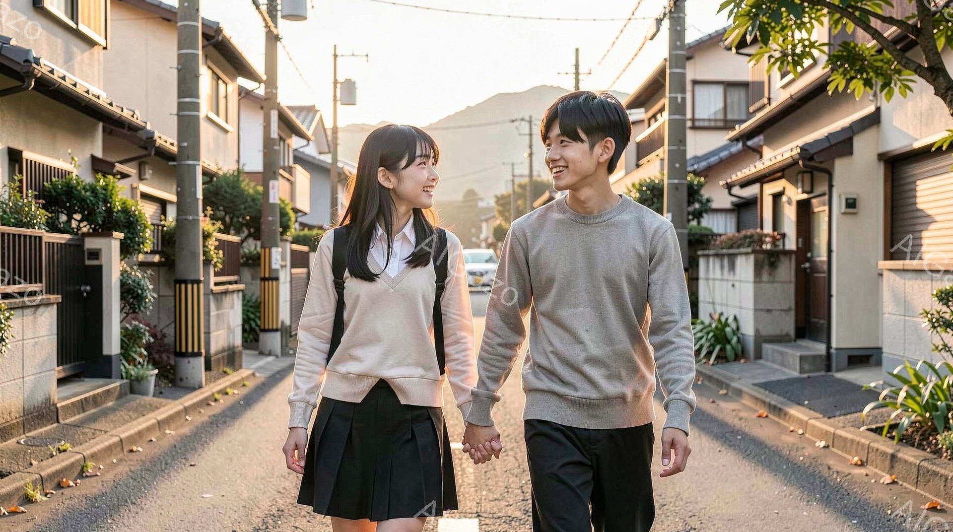 制服を着た女子高生とスウェットシャツを着た男子高校生が、手をつないで道を歩いている。二人は笑顔で互いを見つめ、楽しそうな様子が伝わってくる。背景には住宅が並び、遠くには山が見え、晴れた日の穏やかな雰囲気が漂っている。
