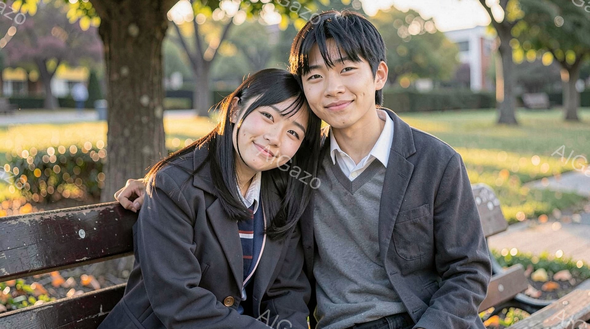 制服を着た女子学生と、グレーのセーターとジャケットを着た男子学生が、公園のベンチに寄り添って座っています。女子学生は明るい笑顔でカメラを見ており、男子学生は少し照れたような優しい表情をしています。背景 - AI生成フリー素材