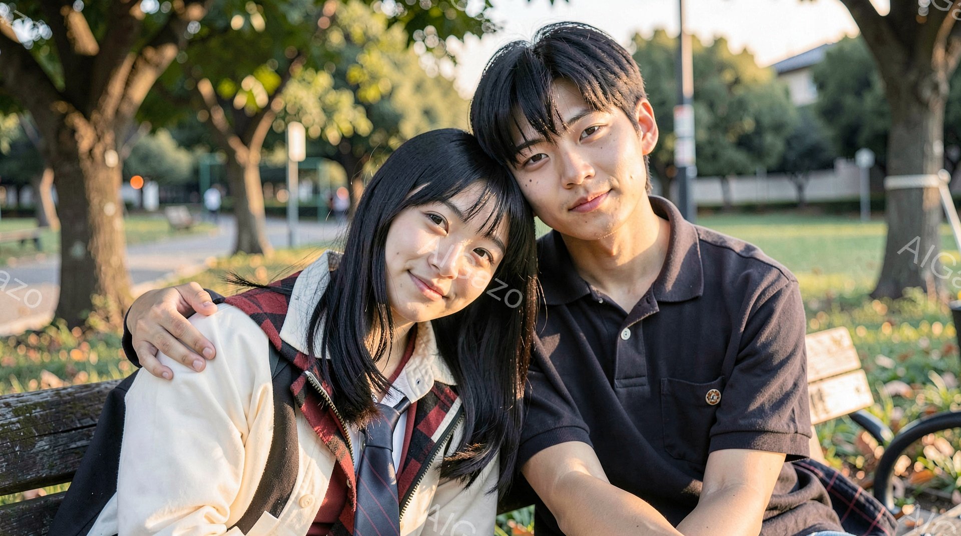 若い女性と男性が公園のベンチに並んで座っており、女性は男性の肩に頭を預けて微笑んでいます。女性は白いシャツにチェックのネクタイ、男性は濃い青色のシャツを着ています。背景には緑豊かな木々や建物が見え、夕暮れ時の穏やかで温かい雰囲気が漂っています。